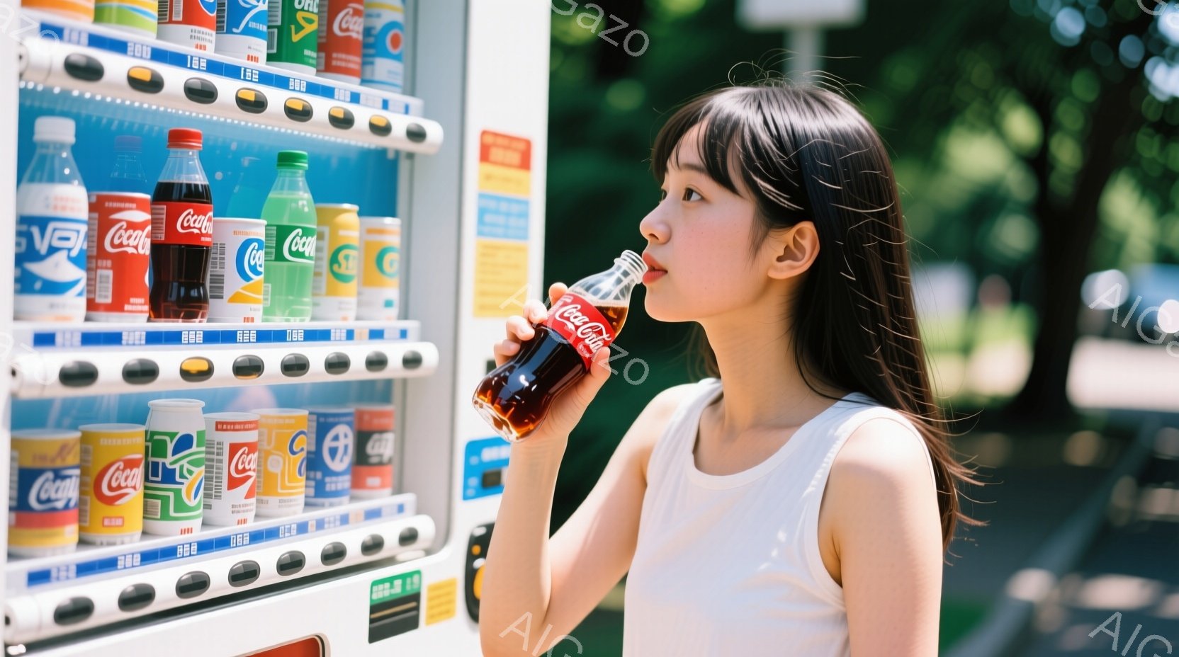 白いタンクトップを着た若い女性が、自動販売機から手に入れたコカ・コーラを飲んでいます。彼女は長い黒髪で、少し横を向いて微笑んでいるように見えます。背景には緑豊かな木々があり、晴れた日の穏やかな雰囲気を醸し出しています。