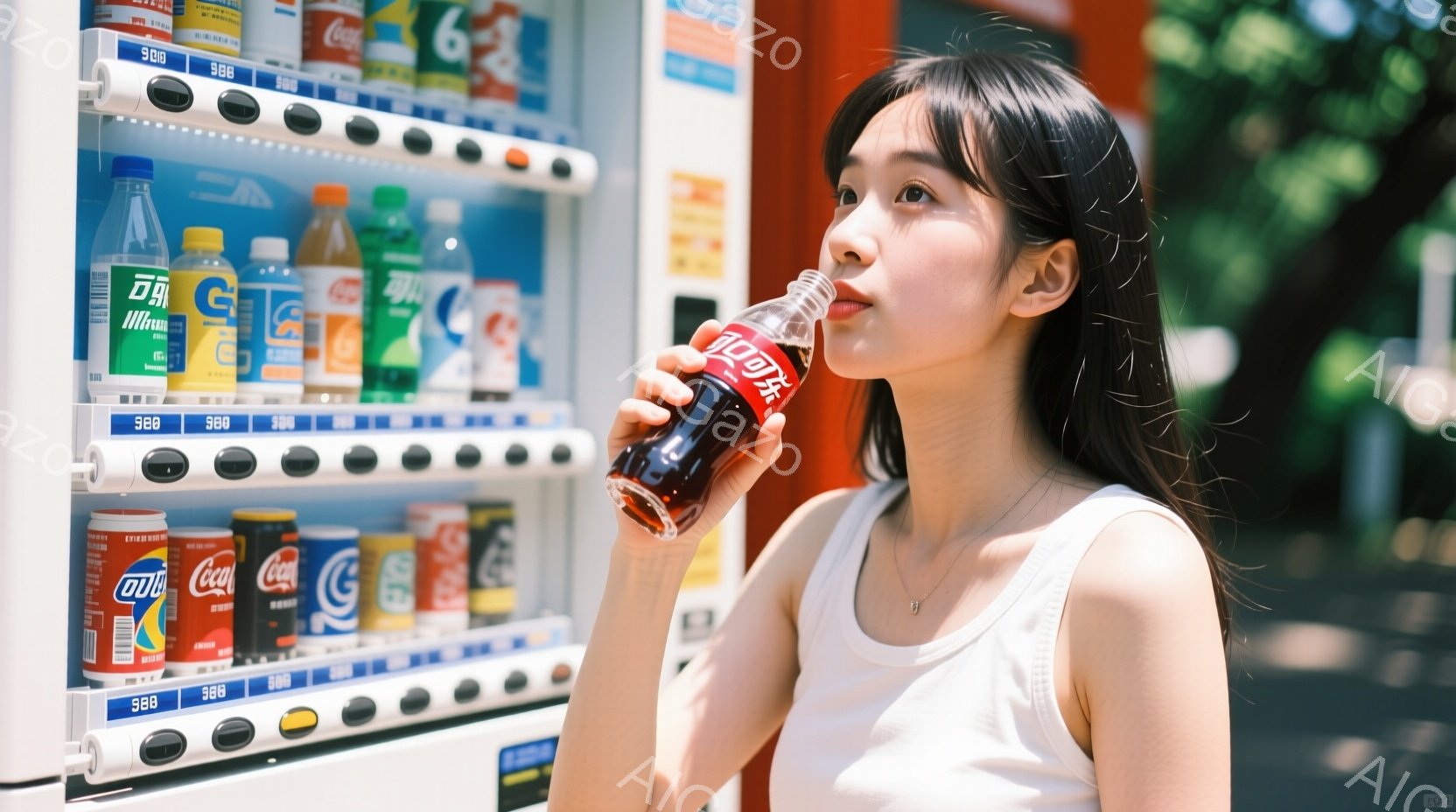 若い女性が自販機の前でコカ・コーラを飲んでいる様子が写っている。彼女は白いタンクトップを着ており、黒髪を肩まで伸ばしている。背景には様々な種類の飲み物が並んだ自販機と、緑豊かな木々が見え、晴れた日のカジュアルな雰囲気が漂っている。