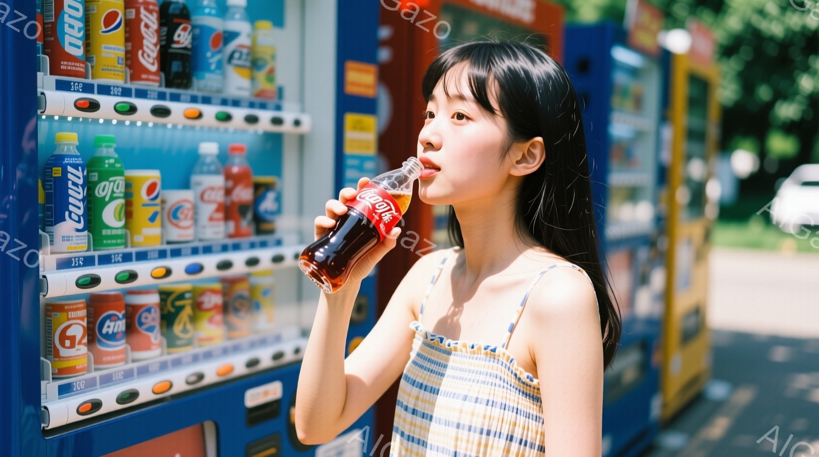 若い女性が自販機の前で赤いコーラを飲んでいる写真です。彼女は肩出しのチェック柄のトップスを着ており、長い黒髪を後ろでまとめています。自販機は様々な種類の飲み物でいっぱいで、背景にはぼやけた緑の木々が見え、晴れた日の穏やかな雰囲気が漂っています。