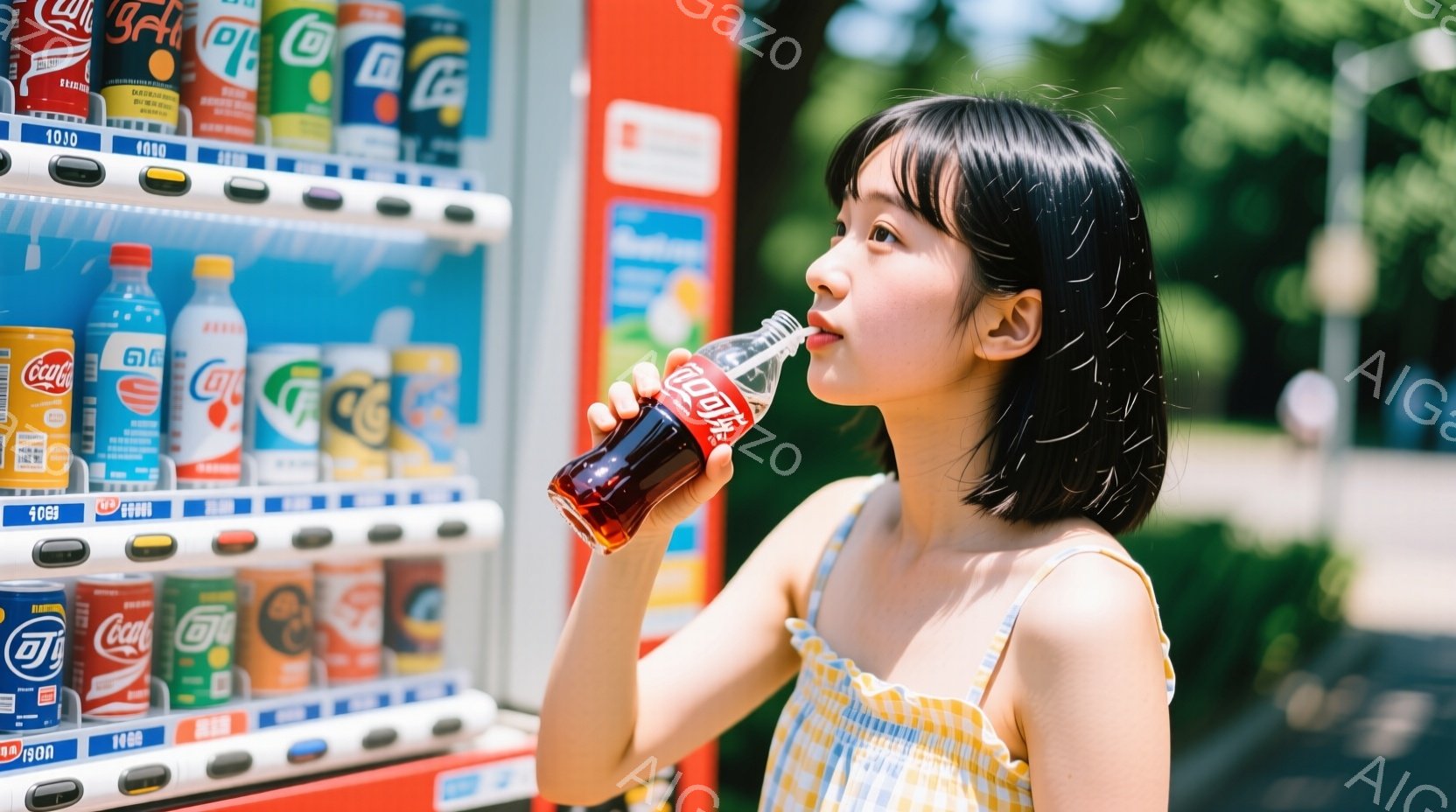 若い女性が自動販売機からコークを飲んでいます。彼女は肩出しの白いトップスを着ており、長い黒髪を後ろでまとめています。背景には緑豊かな木々が見え、晴れた日の屋外の光景で、リラックスした雰囲気です。 - AI生成フリー素材