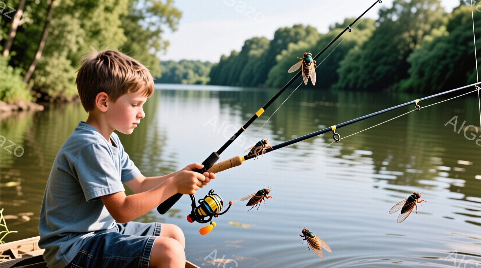 少年はボートに座り、釣り竿を握って釣りに集中しています。彼は青いTシャツと短いデニムのズボンを着ており、短い髪型で前を見つめています。背景には緑豊かな木々と穏やかな水面が広がり、晴れた日の穏やかな雰囲 - AI生成フリー素材