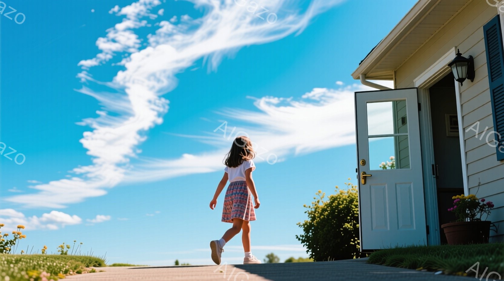 青空の下、少女が歩道を歩いている。白いTシャツとピンクのスカートを身に着け、後ろ姿からは明るく活発な印象を受ける。背景には白い家と緑豊かな庭があり、晴れた空と合わせて穏やかで希望に満ちた雰囲気が漂って - AI生成フリー素材