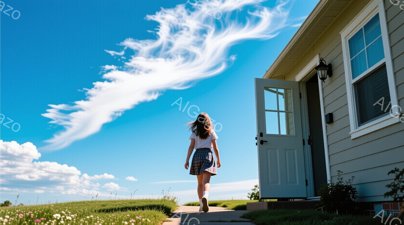 青空の下、少女が家の外へ向かって歩いている。白いTシャツに水色のスカート、白い靴下を履き、長い髪を後ろで束ねている。緑豊かな芝生と花々が広がり、背景には可愛らしいクリーム色の家が見える、爽やかで希望に - AI生成フリー素材