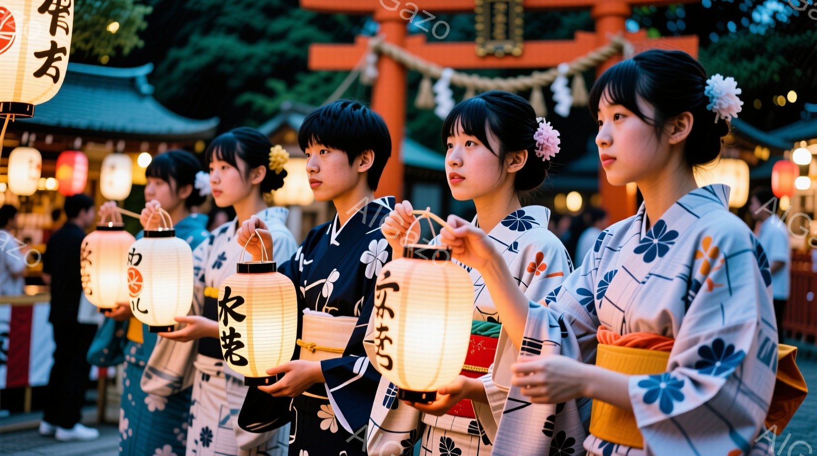 浴衣を着た若い女性たちが、提灯を持って一列に並んでいます。彼女たちはそれぞれ異なる柄の浴衣を着ており、髪には花飾りをつけています。背景には、提灯が灯された賑やかな祭りの様子が見え、温かく華やかな雰囲気 - AI生成フリー素材