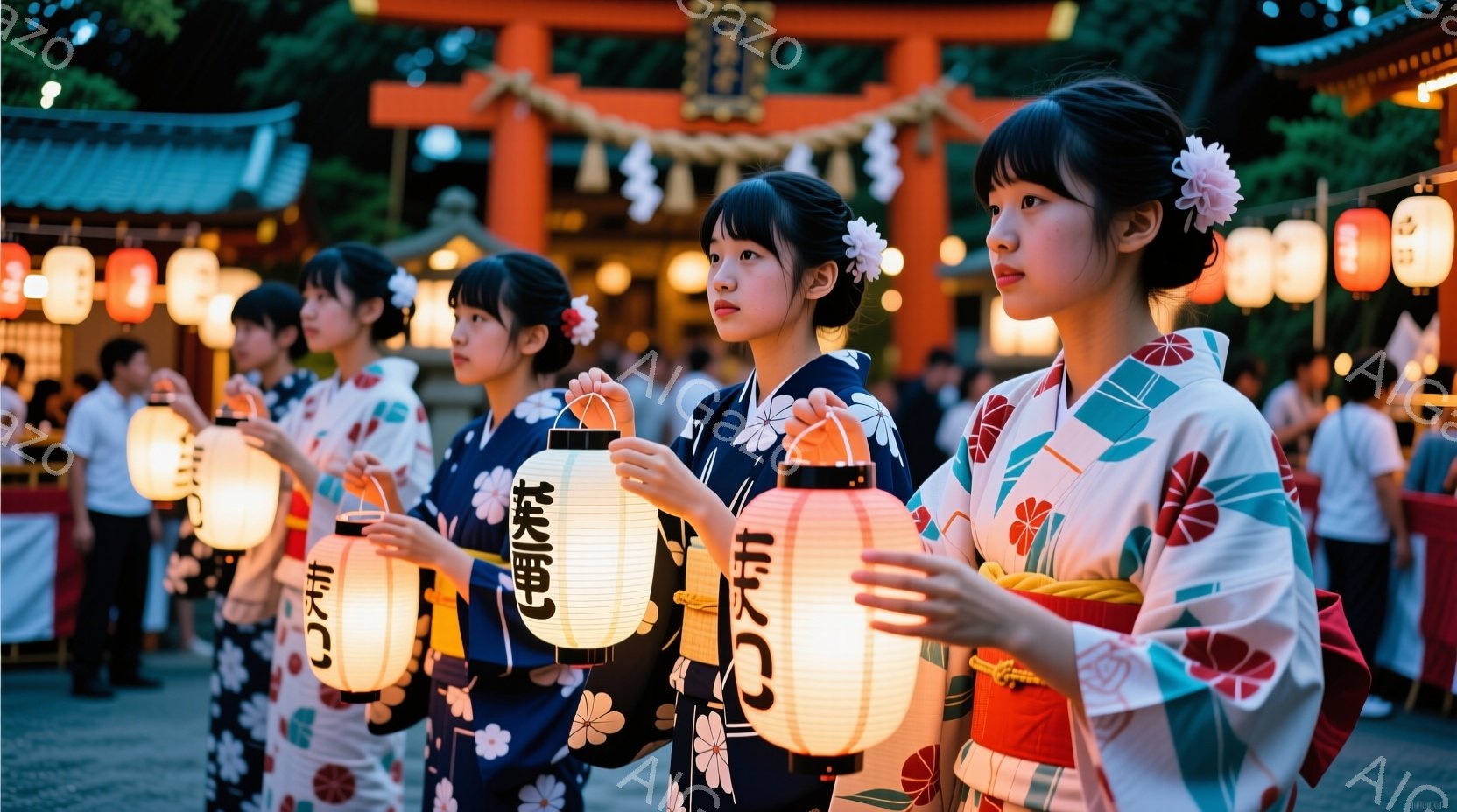 鮮やかな着物を着た若い女性たちが、提灯を手に列をなして立っている。女性たちは黒髪をまとめ、顔には微笑みが浮かび、提灯の柔らかな光が彼女たちの表情を照らしている。背景には、伝統的な木造建築と提灯が並び、祭りや特別な行事の賑やかな雰囲気が感じられる。