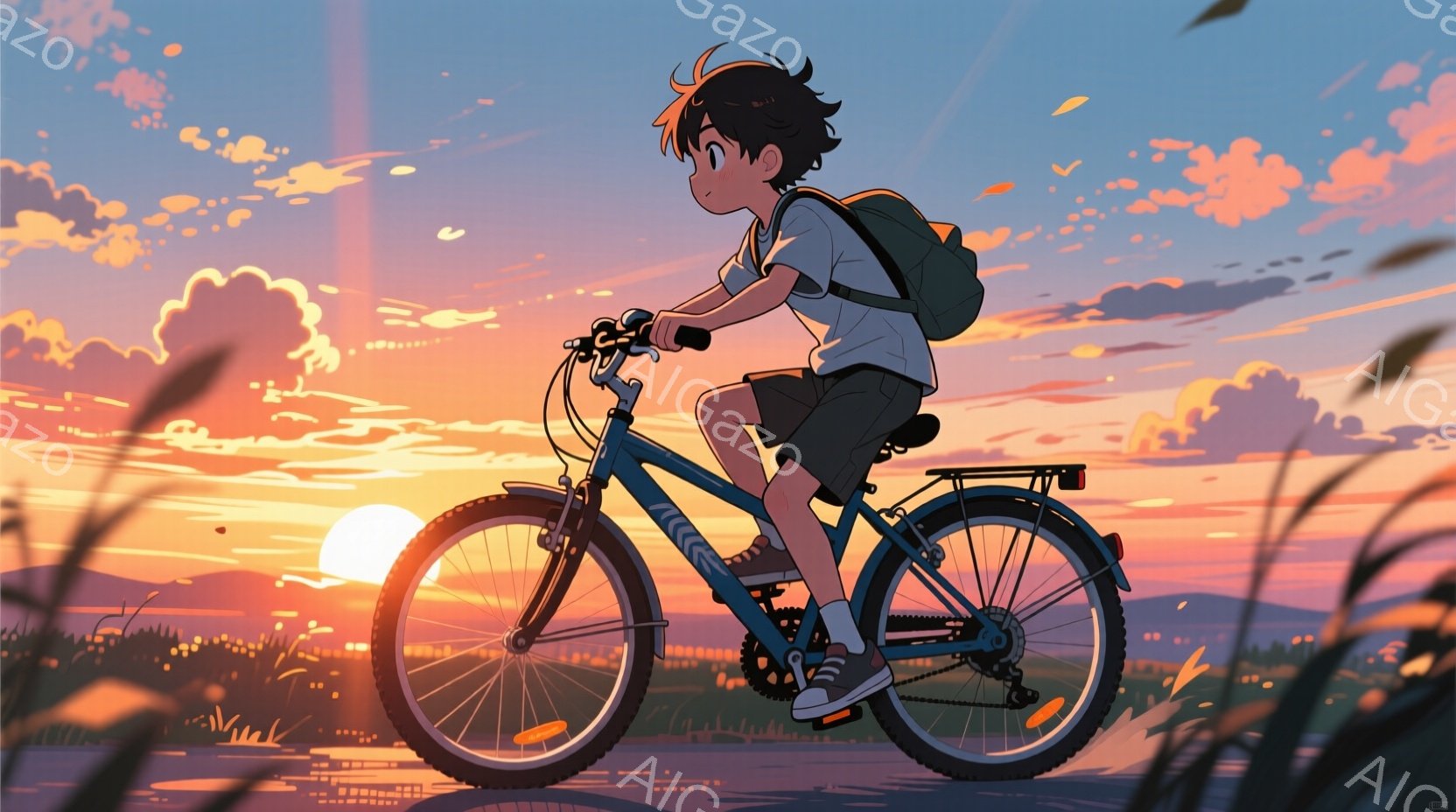 夕焼けに照らされた草原を、少年が自転車に乗って走っている。彼は黒い髪で、白いTシャツと黒いショートパンツを着用し、肩にはリュックサックを背負っている。背景には、オレンジ色の夕焼けと、緑の草原、遠くの山 - AI生成フリー素材
