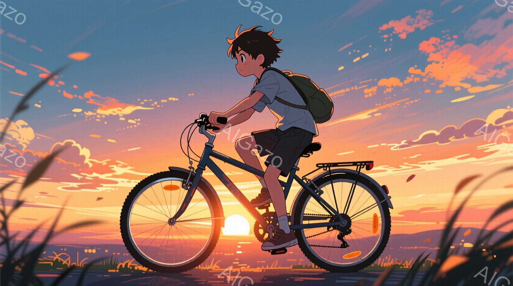 夕焼けを背景に、少年が自転車に乗って草原を走っている。少年は短い茶色の髪で、白いTシャツと黒い短パン、そして肩に掛けたリュックサックを着ている。空はオレンジとピンクの色合いで美しく、周囲には背の高い草 - AI生成フリー素材