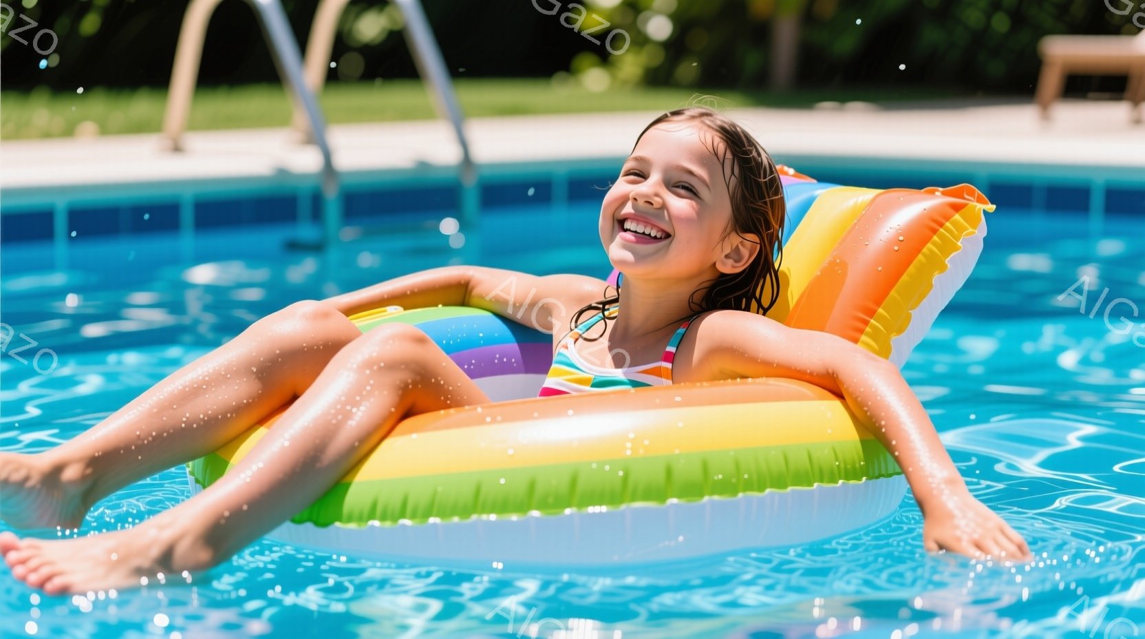 小さな女の子がプールの中で、カラフルな浮き輪に乗ってリラックスしています。彼女は水しぶきを浴びながら、満面の笑みを浮かべ、黒髪が水で濡れて頬に張り付いています。背景には青空と緑豊かな植物が見え、晴れた日のプールでの楽しいひとときが表現されています。