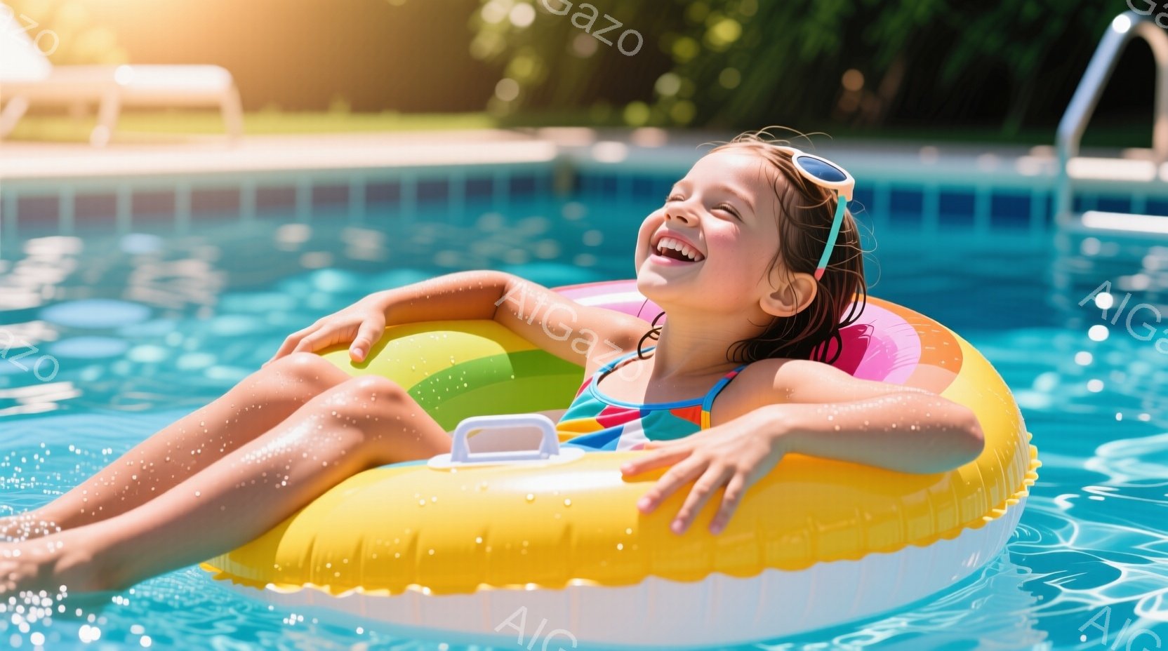 金髪で水着姿の少女がプールに浮かぶ浮き輪の上で笑顔で仰向けになっている。彼女はゴーグルをつけており、水しぶきが肌に光っている。背景には青い空と緑の木々が見え、晴れた日のプールでの楽しいひとときを捉えた - AI生成フリー素材