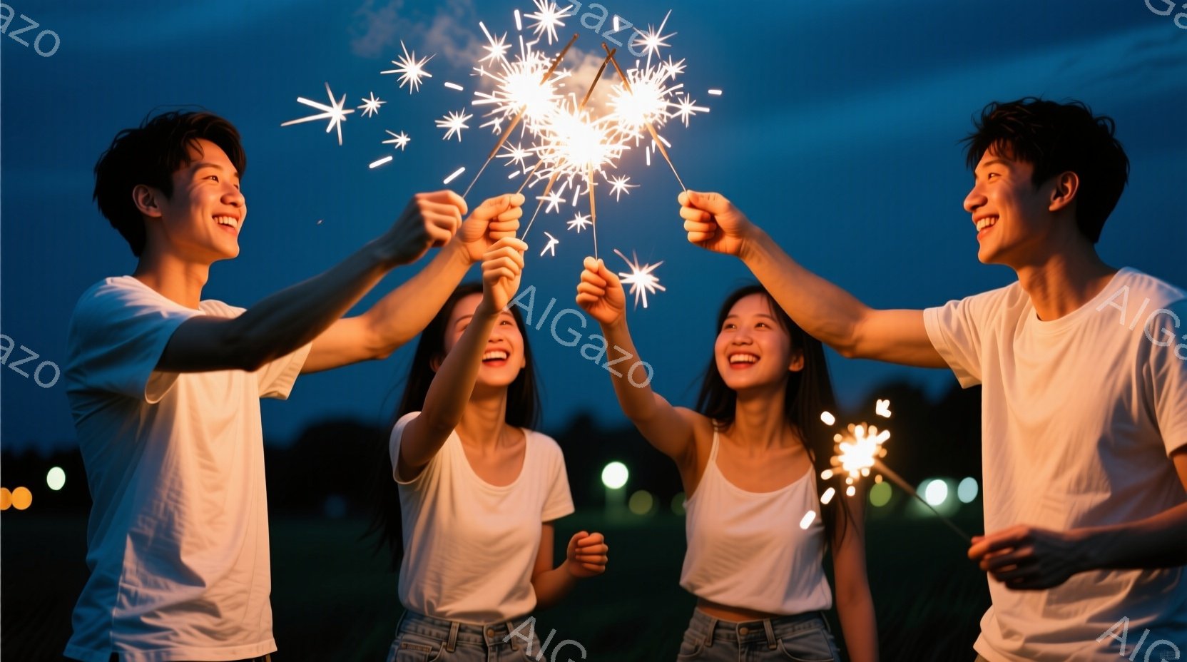 紺碧の空に、四人の若者がスパークラーを持って写っている。皆、白いTシャツとジーンズ姿で、満面の笑みを浮かべ、スパークラーを高く掲げている。背景は緑の草地とぼやけた街灯があり、夜空には雲が浮かび、温かく楽しい雰囲気が漂っている。