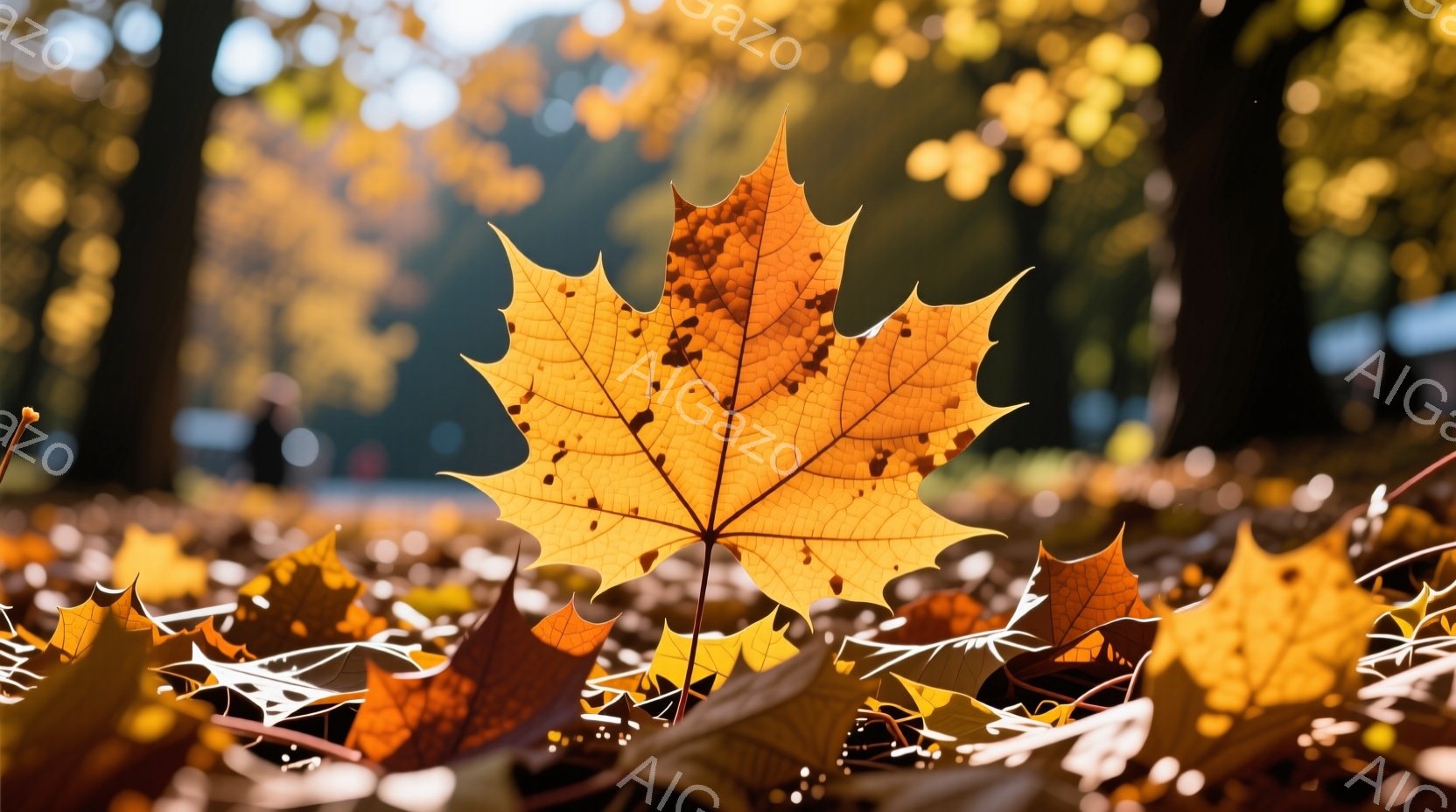 カエデの葉が地面に散らばり、秋の風景が広がっています。光が葉の間から差し込み、暖かく穏やかな雰囲気を醸し出しています。背景にはぼやけた木々があり、全体的に鮮やかで美しい色彩が印象的です。 - AI生成フリー素材