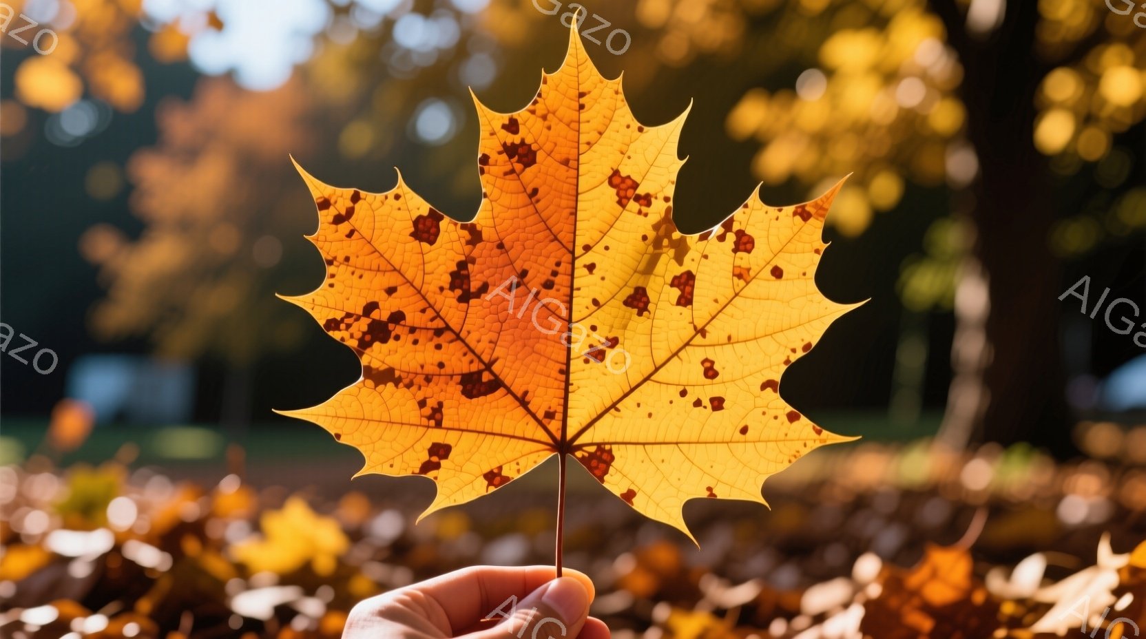 光り輝く紅葉の葉が、誰かの手に優しく抱かれている。背景には、鮮やかな黄色の落ち葉が敷き詰められた地面と、ぼやけた木々が見え、秋の深まりを感じさせる。暖かく、穏やかな光が全体を包み込み、静寂と安らぎの雰囲気を醸し出している。