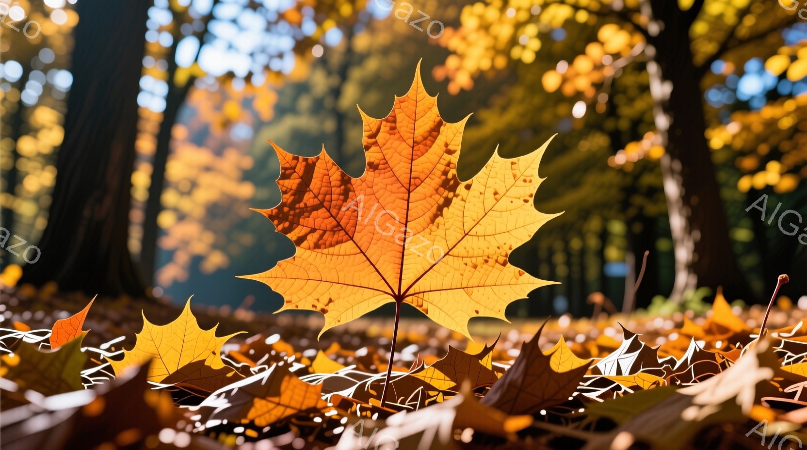 カエデの葉が地面に散りばめられ、鮮やかなオレンジ色と黄色の絨毯を形成しています。背景には木々の幹が立ち並び、柔らかい日差しが葉を照らし、秋の穏やかな雰囲気を醸し出しています。落ち葉は様々な形と色合いで - AI生成フリー素材
