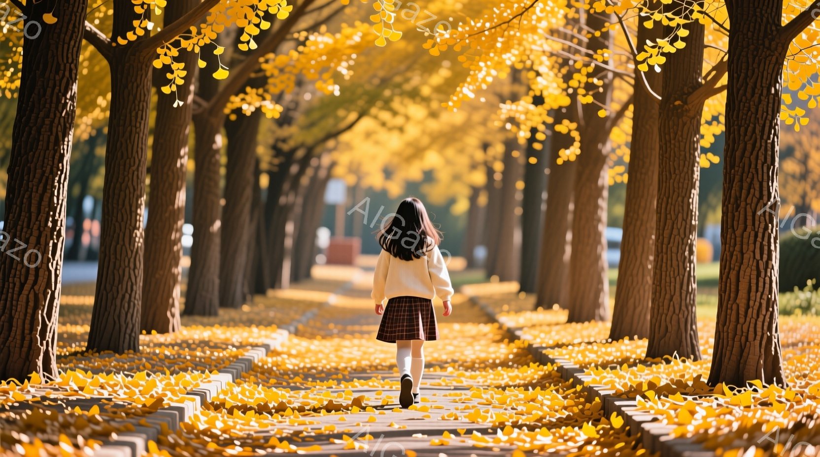白いセーターとチェックのスカートを身につけた女性が、イチョウ並木の中を歩いている。彼女は後ろ姿で、長く黒い髪が背中に流れている。背景には、鮮やかな黄色のイチョウの葉が敷き詰められた歩道と、両側に立ち並 - AI生成フリー素材