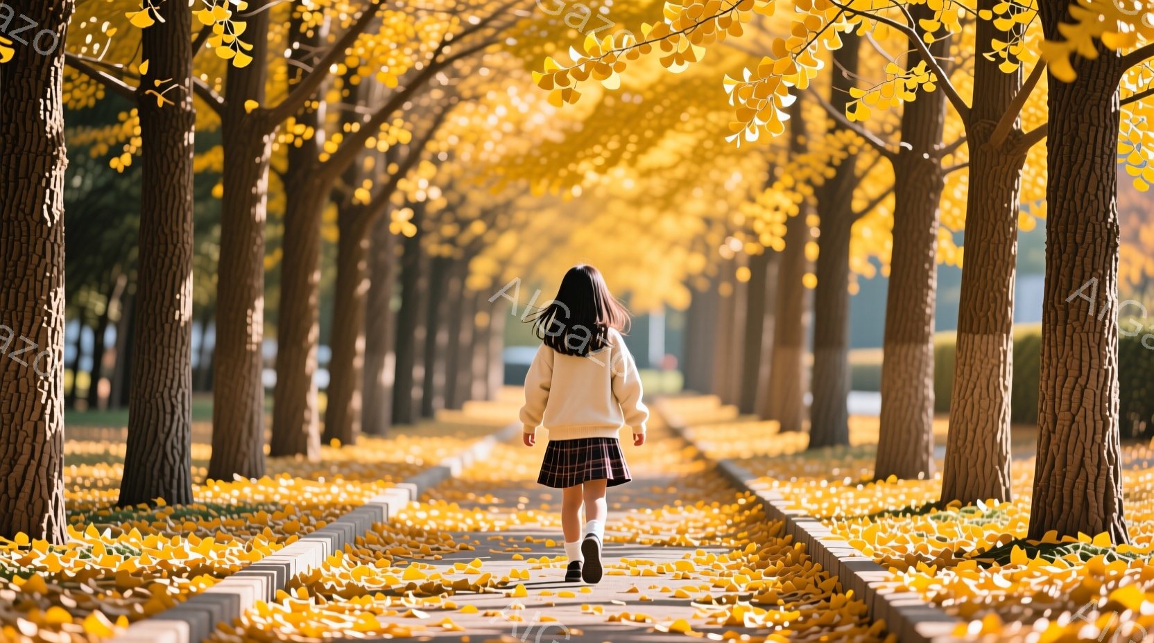 白いセーターと赤いプリーツスカートを身につけた少女が、イチョウ並木の遊歩道を歩いている。後ろ姿からは、どこか楽しそうな雰囲気が感じられ、秋の光に照らされた遊歩道には散ったイチョウの葉が敷き詰められている。左右に整然と並んだイチョウの木々は、鮮やかな黄色と緑のコントラストを生み出し、秋の深まりを感じさせる。