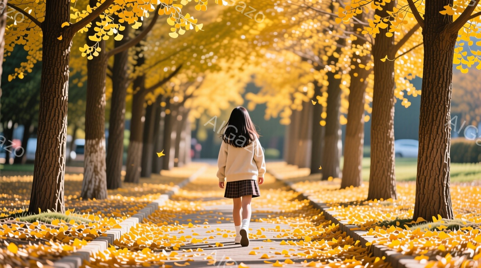 後ろ姿の女性が、イチョウ並木の中を歩いている。白いセーターとチェックのスカートを着用し、黒髪が背中に流れている。地面はイチョウの葉で覆われ、並木道には柔らかい日差しが差し込み、秋の穏やかな雰囲気を醸し出している。