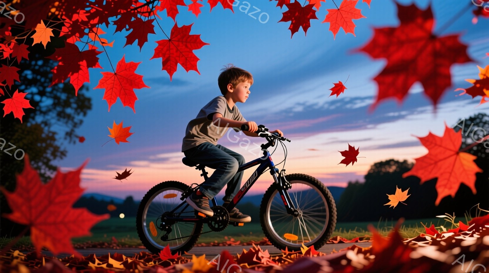 若い少年が青い自転車に乗って、落ち葉が舞う道を走っている。彼はTシャツと短パンを着ており、少し前かがみの姿勢で、集中した表情をしている。背景には夕焼け空が広がり、木々や草地がシルエットとなっており、秋の穏やかでノスタルジックな雰囲気を醸し出している。
