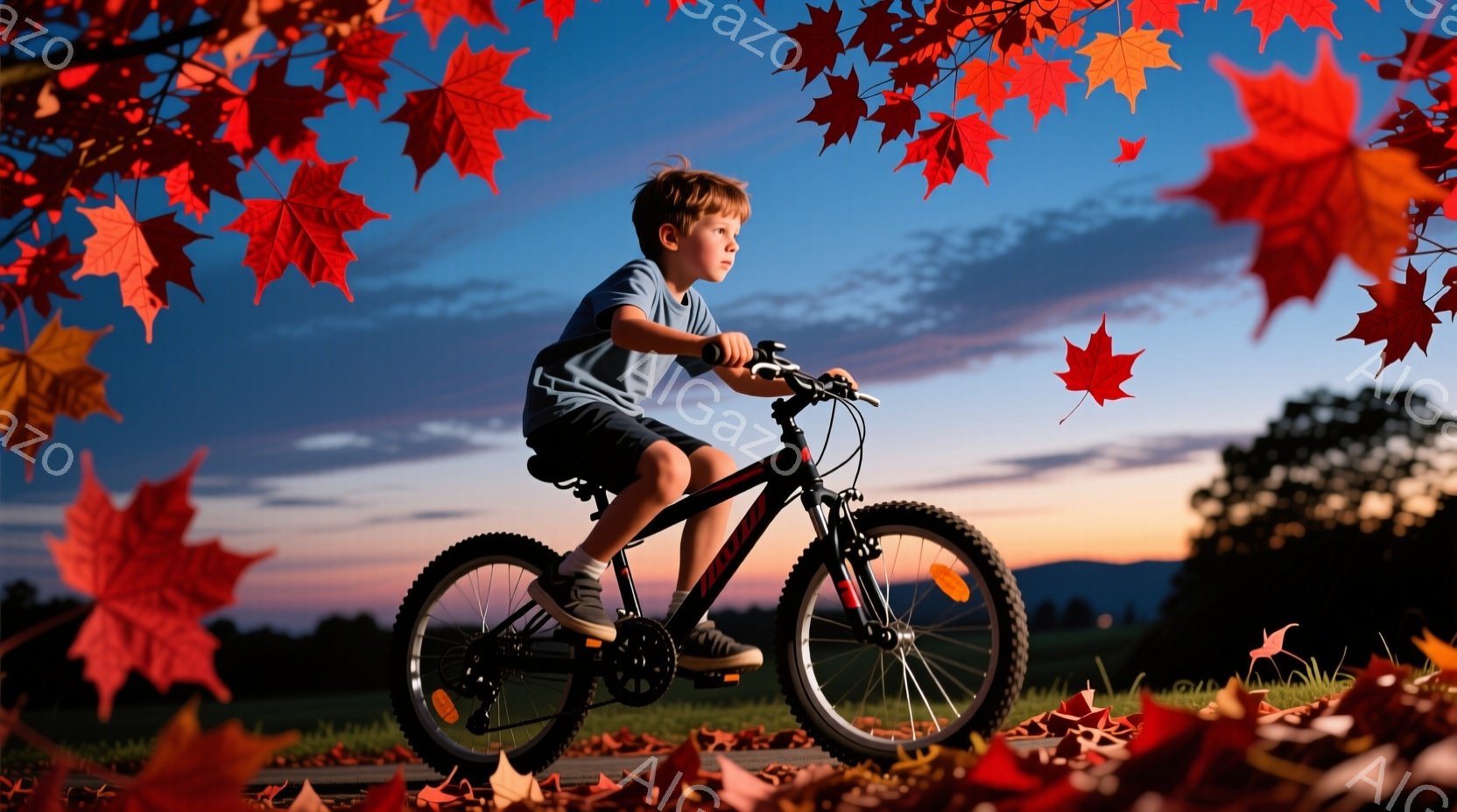 茶髪の少年が、黒いマウンテンバイクに乗り、アスファルトの道を走っている。彼はグレーのTシャツと紺色の短パンを着ており、少し前かがみの姿勢で、どこかを見つめているようだ。背景には緑の芝生と木々が広がり、夕焼け空が広がっており、秋の穏やかな雰囲気が感じられる。