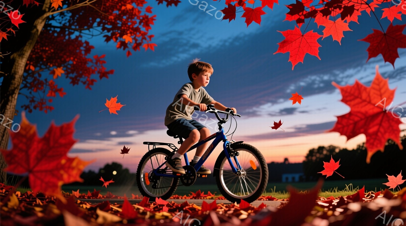 金髪の少年が青い自転車に乗ってアスファルトの道を進んでいます。少年は短パンとTシャツを着ており、真剣な表情で前方を向いています。背景には鮮やかな紅葉の葉が舞い散り、夕焼け空と緑の芝生が広がっていて、秋 - AI生成フリー素材