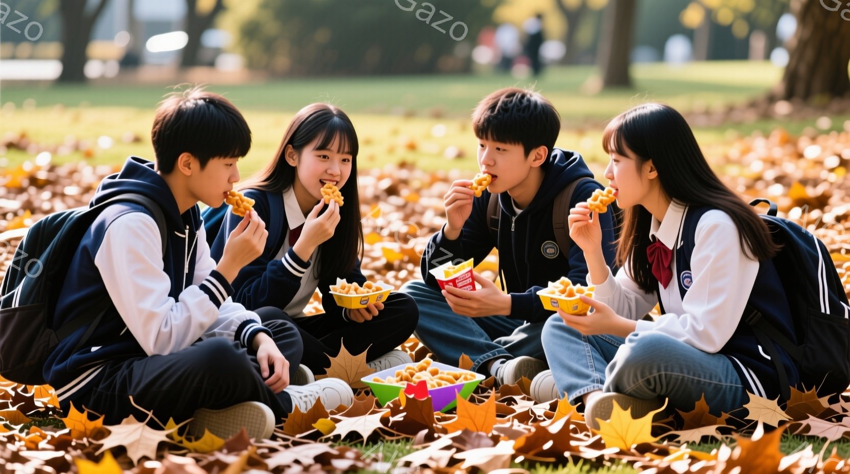 四人の若者が公園の芝生の上に座り、それぞれ小さな容器に入ったスナック菓子を食べている。彼らは皆、紺色のブレザーに白のセーター、そしてジーパンという制服のような服装で、髪型はそれぞれ個性的ながらも若々し - AI生成フリー素材