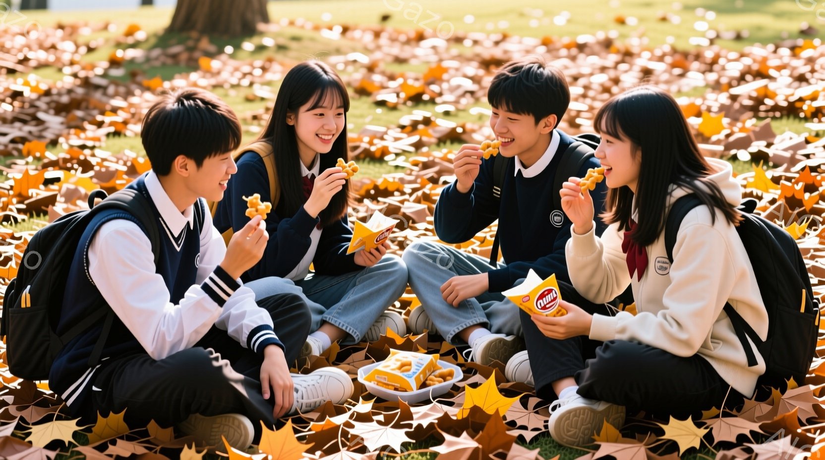 4人の学生が落ち葉の中に座り、お菓子を美味しそうに食べている。彼らは皆、白いシャツにネイビーのセーター、そしてジーンズやスラックスといったカジュアルな服装で、笑顔で楽しんでいる様子が伺える。背景には木 - AI生成フリー素材
