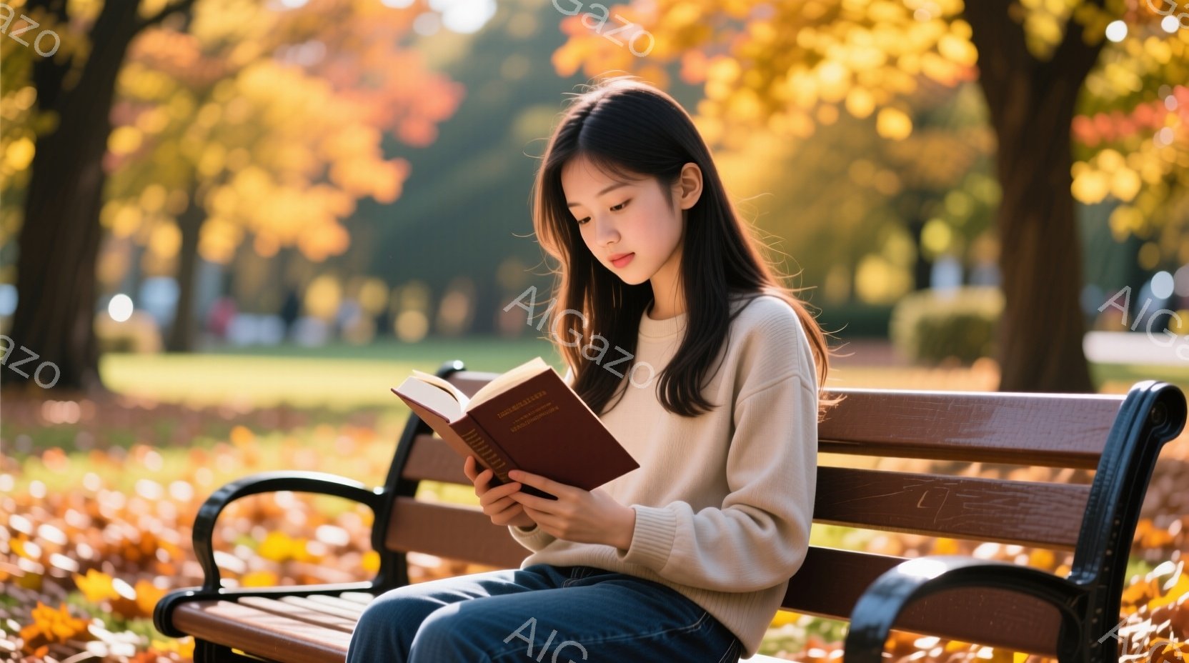 暖かい秋の日、公園のベンチに座った若い女性が本を読んでいます。彼女はクリーム色のセーターとジーンズを着ており、長い黒髪は自然に肩にかかっています。背景には鮮やかな紅葉とぼやけた建物が見え、穏やかで落ち - AI生成フリー素材