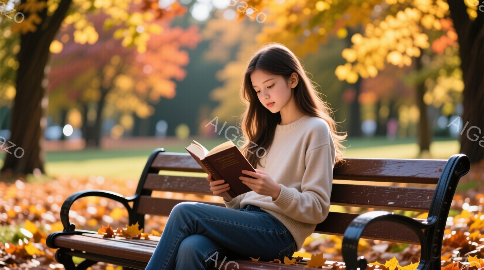 長い髪をほどこした女性が公園のベンチに座り、本を読んでいる。ベージュのセーターとジーンズ姿で、リラックスした表情で読書に集中している。背景は秋の紅葉で、鮮やかなオレンジと黄色の葉が敷き詰められ、穏やか - AI生成フリー素材