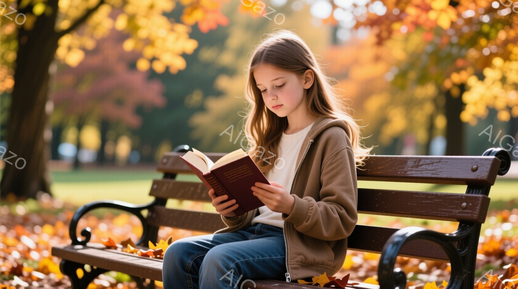 金髪でウェーブのかかった髪をした少女が、公園のベンチに座って本を読んでいます。彼女はジーンズとベージュのパーカーを着ており、集中して読書に没頭している様子がわかります。背景には鮮やかな紅葉の木々と緑の - AI生成フリー素材