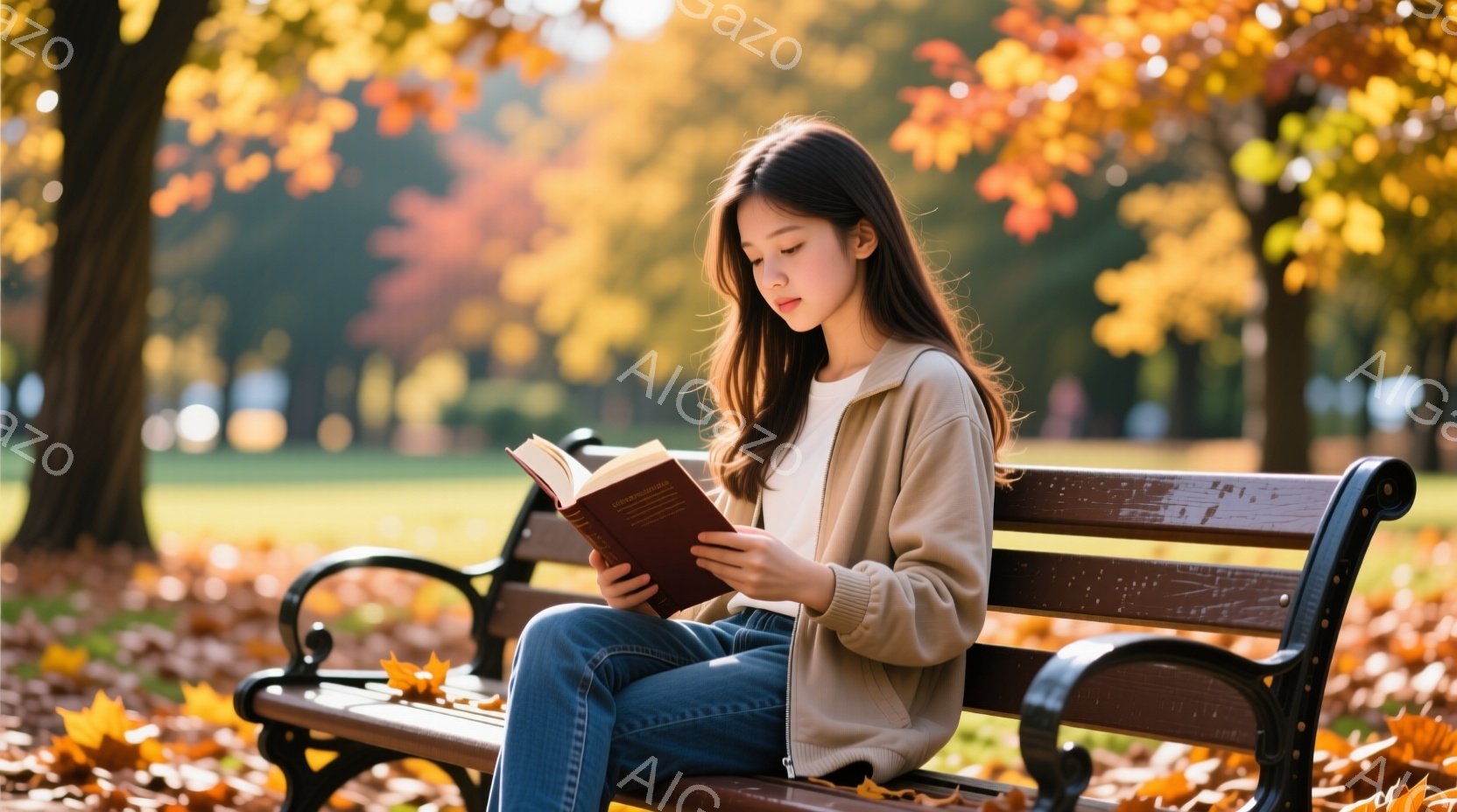 長い茶色の髪をサイドに流し、ベージュ色のカーディガンを着た若い女性が公園のベンチに座って本を読んでいる。彼女はデニムジーンズを履き、穏やかな表情で読書に集中している。背景には鮮やかな紅葉の木々と緑の芝 - AI生成フリー素材