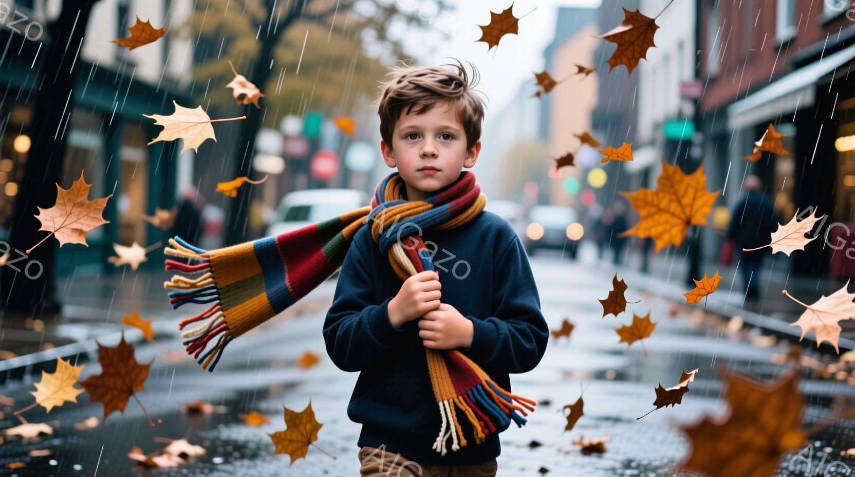 茶色の巻き毛の少年が、紺色のセーターとベージュのズボンを身につけ、カラフルなストールを首に巻いています。彼は腕を組み、少し不安げな表情で正面を見つめており、雨が降りしきる街路に立っています。背景にはぼやけた建物や木々が見え、地面は濡れており、落ち葉が舞い散る秋の日の情景が描かれています。
