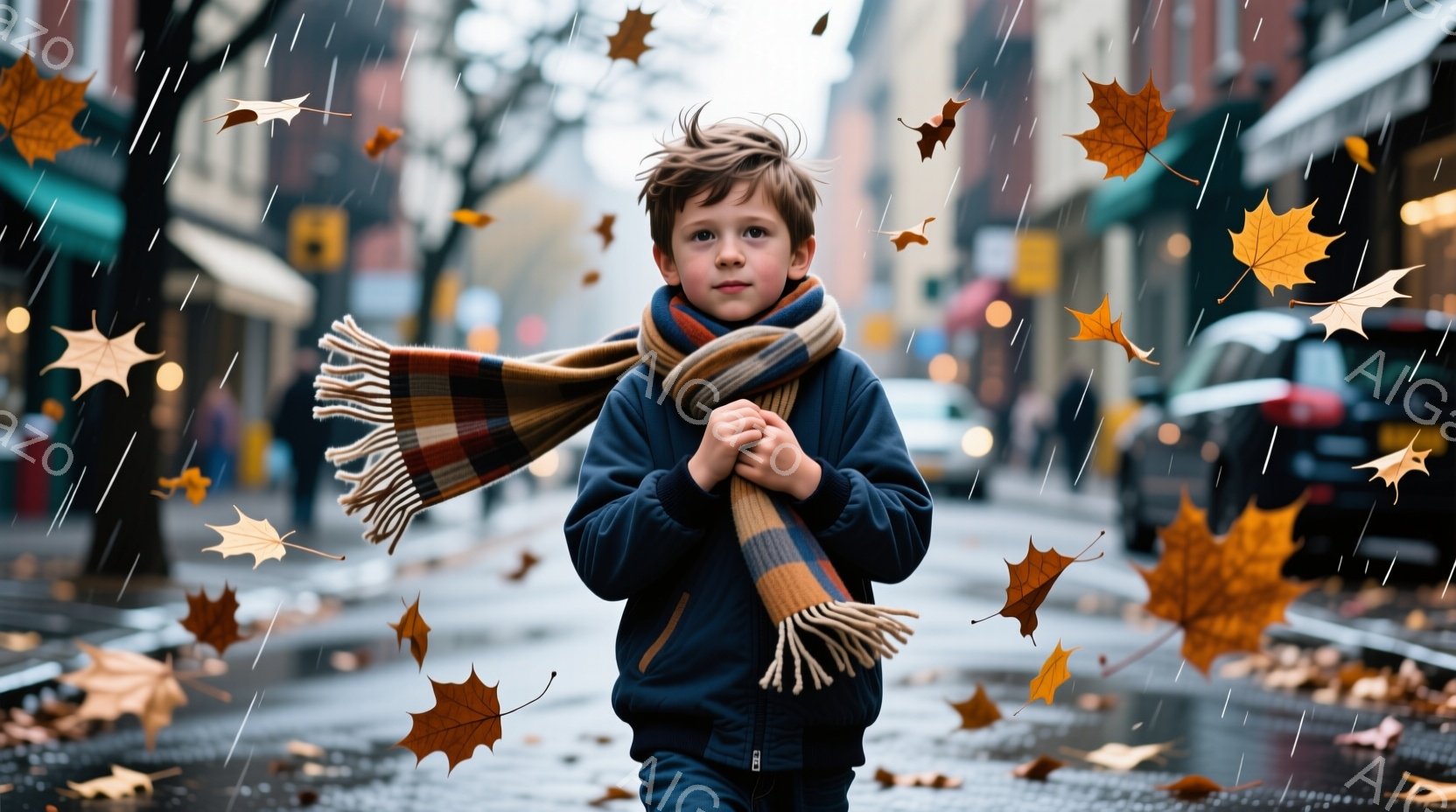 少年は紺色のジャケットとズボンを着用し、チェック柄のマフラーを首に巻いています。彼は両手を重ねて、雨の中をまっすぐ前を見て歩いており、少し寒そうにしています。背景には、雨に濡れた道路、ぼやけた建物、そ - AI生成フリー素材