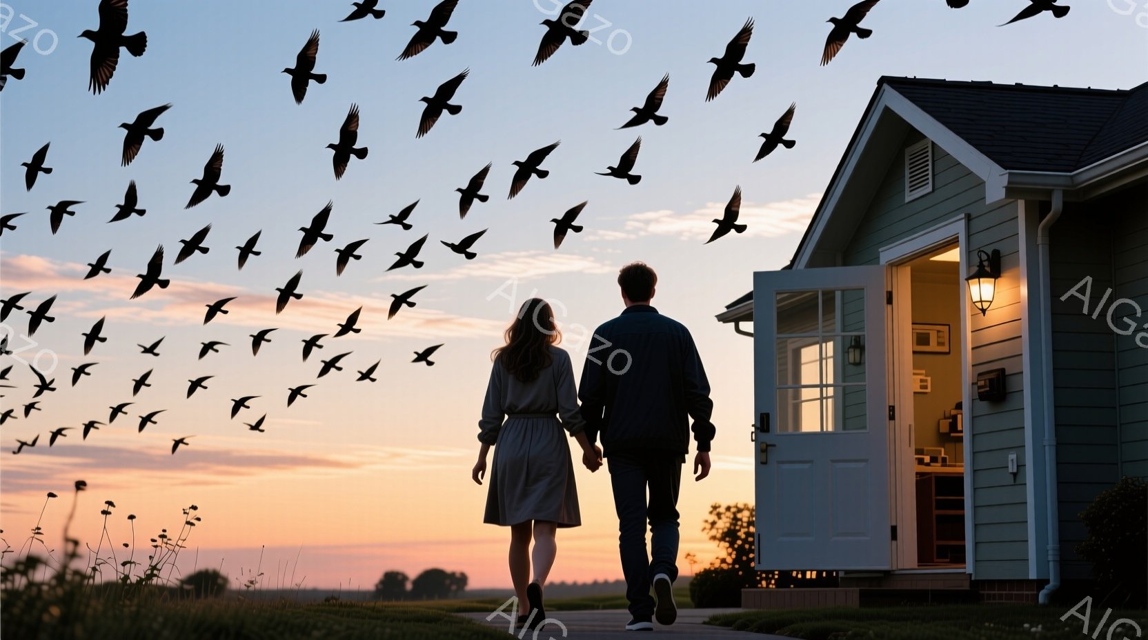 夕焼け空の下、一対の男女が手をつないで家へと向かっている。女性は膝丈のグレーのワンピースを着ており、男性はダークブルーのジャケットとジーンズ姿である。背景には、緑色の家と広大な草原が広がり、空には鳥の - AI生成フリー素材