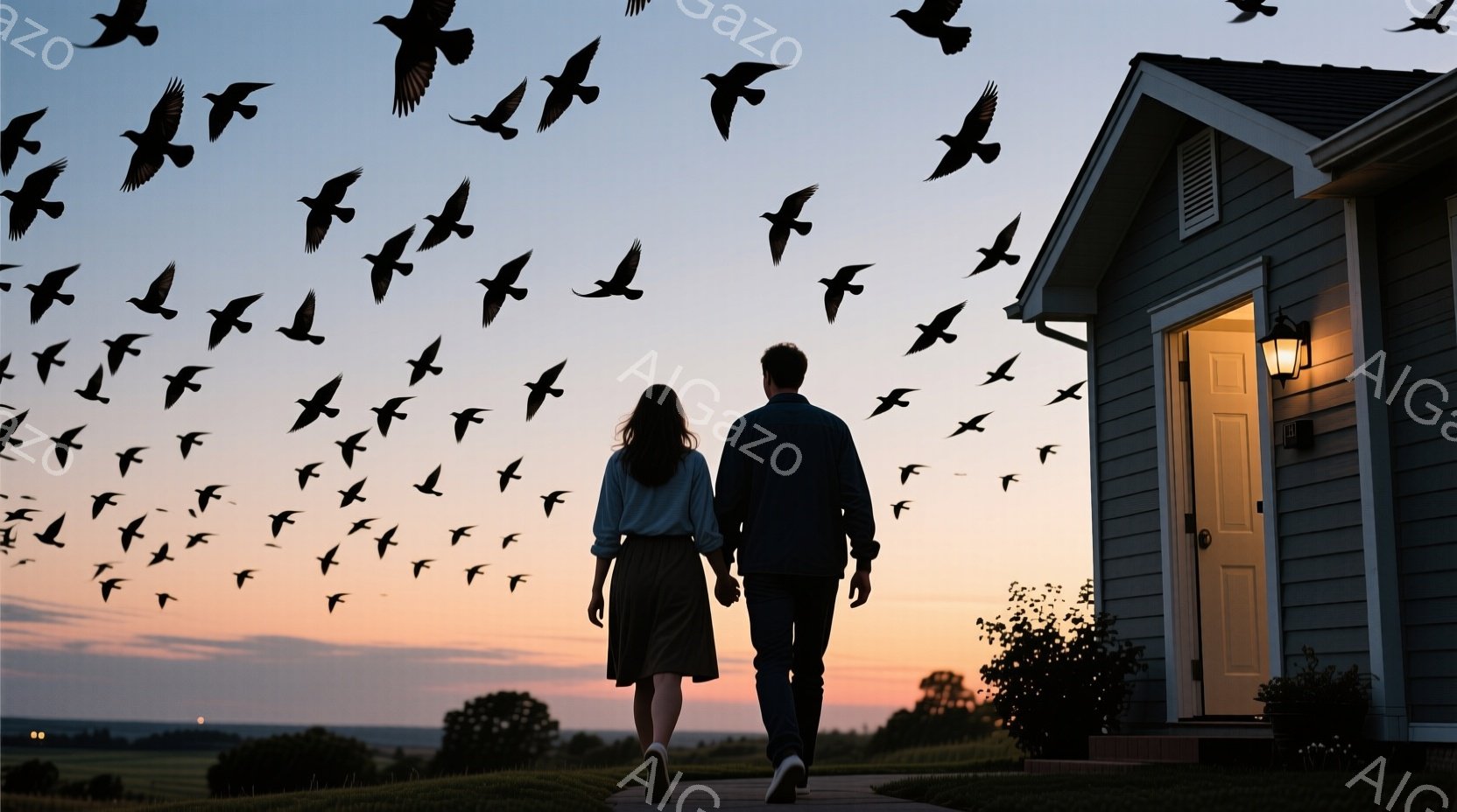 夕暮れ時の野原を、一対の男女が並んで歩いている。女性はロングスカート、男性はジーンズとジャケット姿で、後ろ姿だけが見える。空には、V字型になって飛ぶ鳥の大群が広がり、暖かく穏やかな雰囲気を醸し出してい - AI生成フリー素材