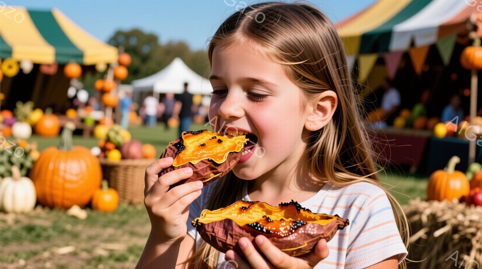 金髪の少女が、焼いたサツマイモを美味しそうに口に運んでいます。彼女は白地にピンクのストライプのTシャツを着ており、髪は後ろで三つ編みにされています。背景には、たくさんのカボチャと、カラフルな装飾が施されたテントが見え、秋の収穫祭のような雰囲気です。