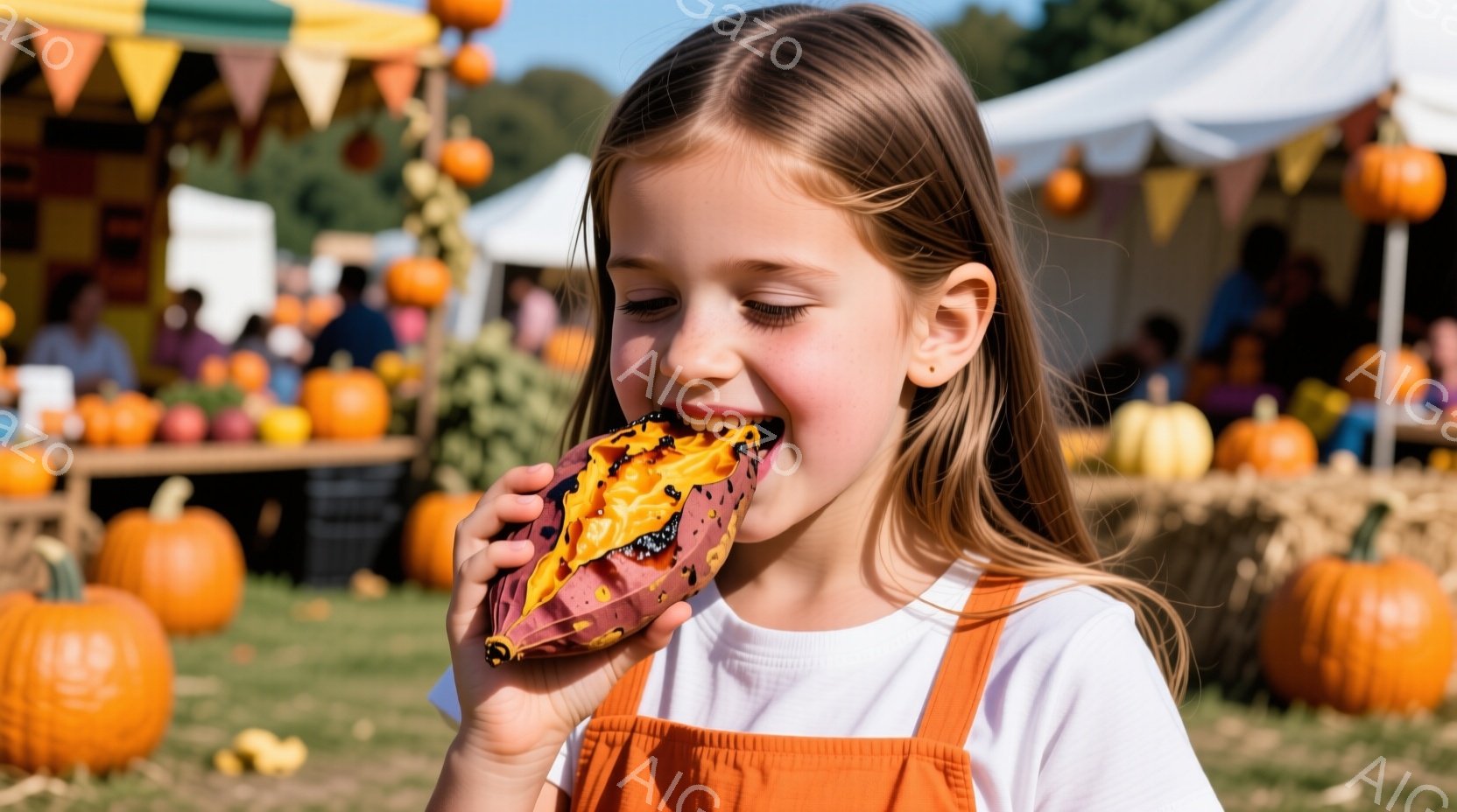 金髪の少女が、オレンジ色のサスペンダー付きの白いシャツを着て、紫色の何らかの食べ物を嬉しそうに口に運んでいます。背景には、たくさんのカボチャや、カラフルな旗が飾られた屋台が見え、秋の収穫祭のような雰囲 - AI生成フリー素材