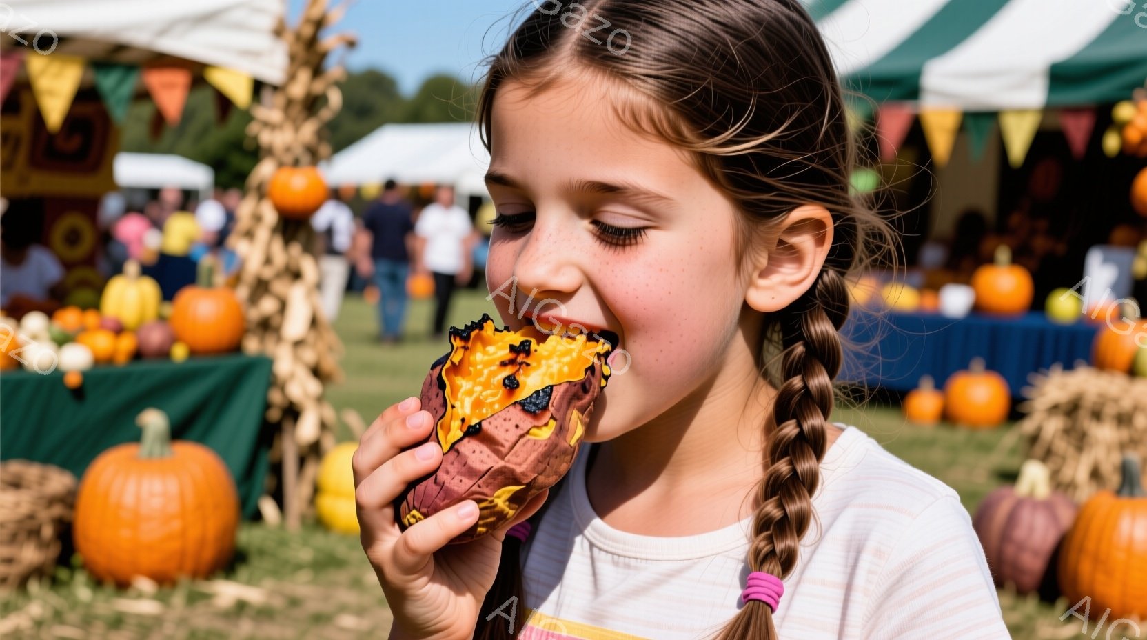 茶髪の少女が、蒸した甘くておいしいサツマイモを美味しそうに食べています。彼女は三つ編みの髪をしており、明るい色の服を着ています。背景には、たくさんのカボチャが並び、秋の収穫祭のような賑やかな雰囲気が漂っています。