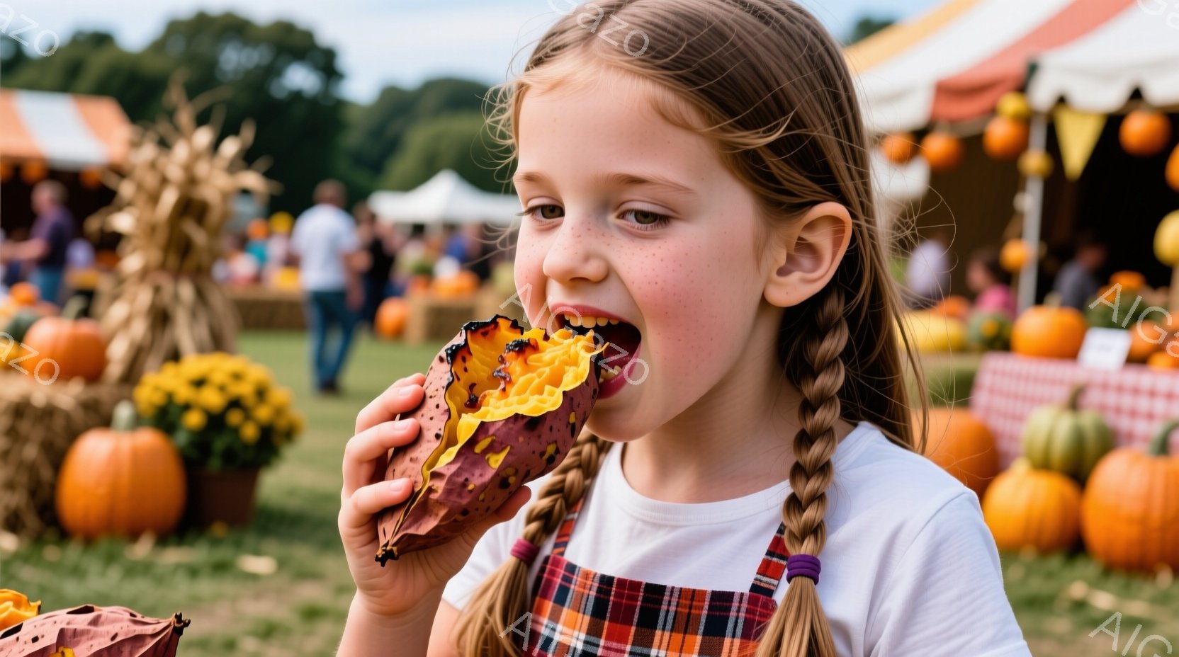 明るい屋外で、そばかすのある少女が焼いたサツマイモを美味しそうに食べている。彼女は白いTシャツとチェック柄のエプロンを着て、二つに編んだ髪をしている。背景には、オレンジ色のカボチャや花が並び、テントが見え、秋の収穫祭のような、暖かく楽しい雰囲気が漂っている。