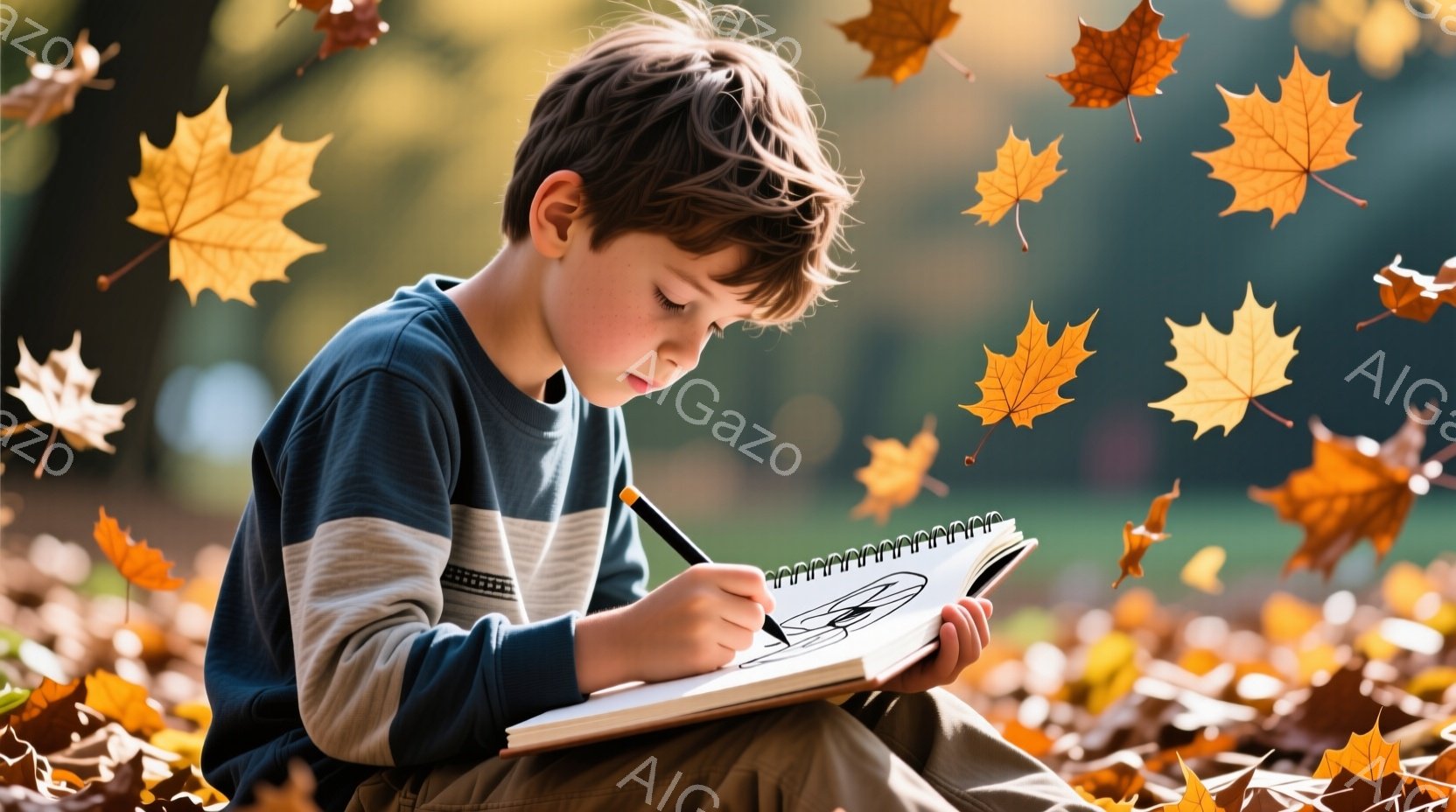 茶髪の少年が、地面に座ってスケッチブックに絵を描いている。彼はストライプのセーターとカーキ色のズボンを着ており、集中した表情でペンを走らせている。背景には鮮やかな紅葉が舞い散り、秋の穏やかな雰囲気が漂っている。