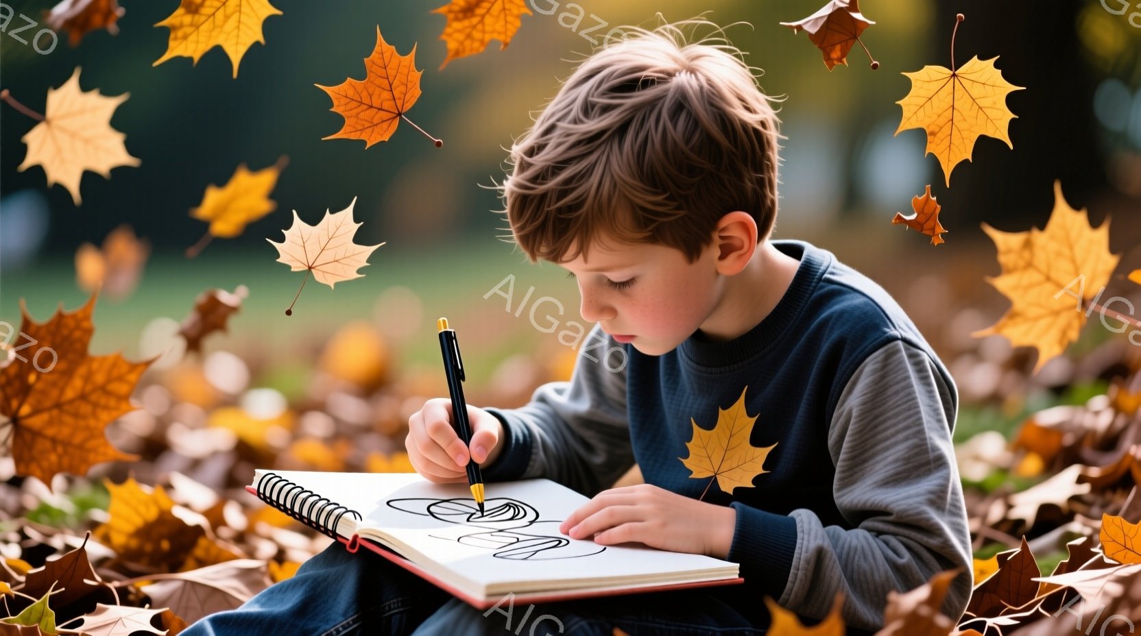 少年は地面に座り、スケッチブックに集中して絵を描いている。彼はグレーのセーターとジーンズを着ており、茶色の髪は少し無造作に整えられている。背景には紅葉した木々と落ち葉が散らばっており、秋の穏やかな雰囲気が漂っている。