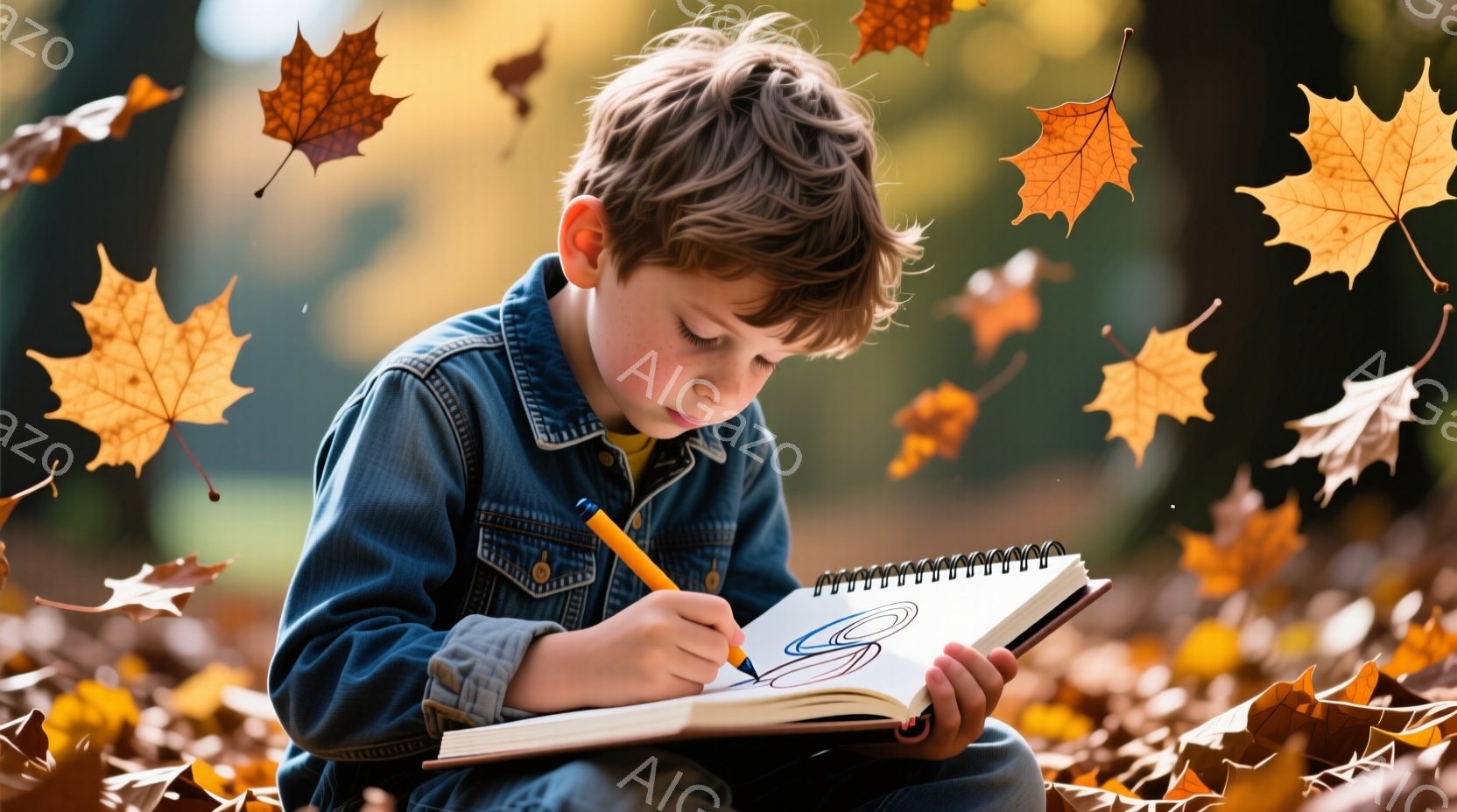 茶髪の少年が、膝の上に乗せたノートに集中して何かを描いています。彼はデニムジャケットを着ており、表情は真剣で、創造的な活動に没頭している様子が伺えます。背景には落ち葉が舞い、秋の暖かく穏やかな雰囲気が漂っています。
