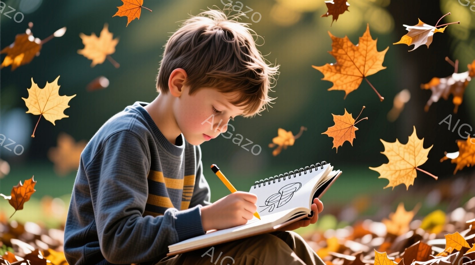 茶色の髪の少年が、膝を抱えて地面に座り、スケッチブックに集中して何かを描いている。彼はグレーのセーターに黄色のストライプが入り、茶色のズボンを履いている。背景には緑の木々と、舞い散る紅葉が写り込み、秋の穏やかで鮮やかな雰囲気が漂っている。