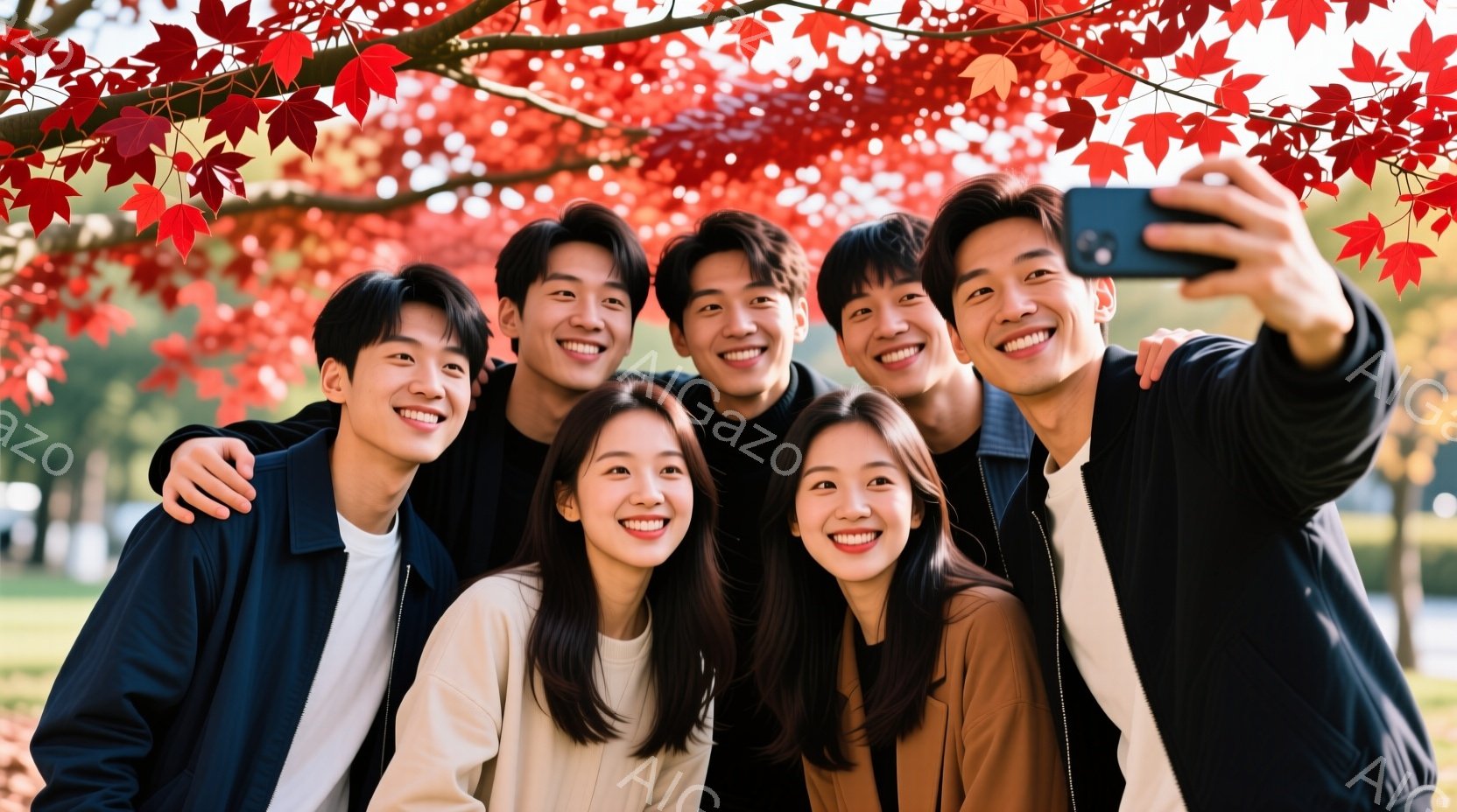 若い男女６人が、赤い紅葉の木の下でセルフィーを撮っています。彼らは皆カジュアルな服装で、笑顔でカメラに向かってポーズをとっており、親しげな雰囲気が漂っています。背景には緑の芝生とぼやけた建物が見え、秋の晴れた日に友人たちと楽しんでいる様子が伝わってきます。