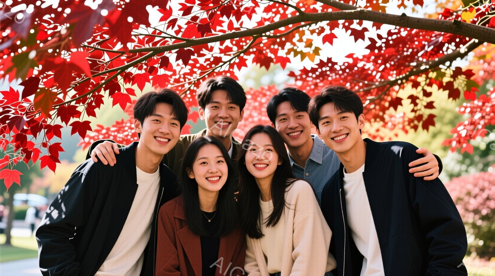 赤い紅葉の木の下で、男女6人が肩を組んで笑顔で写っています。服装はカジュアルで、白いシャツやベージュのセーター、黒や赤のジャケットを着ています。背景には緑の芝生とぼやけた建物が見え、秋の晴れた日の温か - AI生成フリー素材