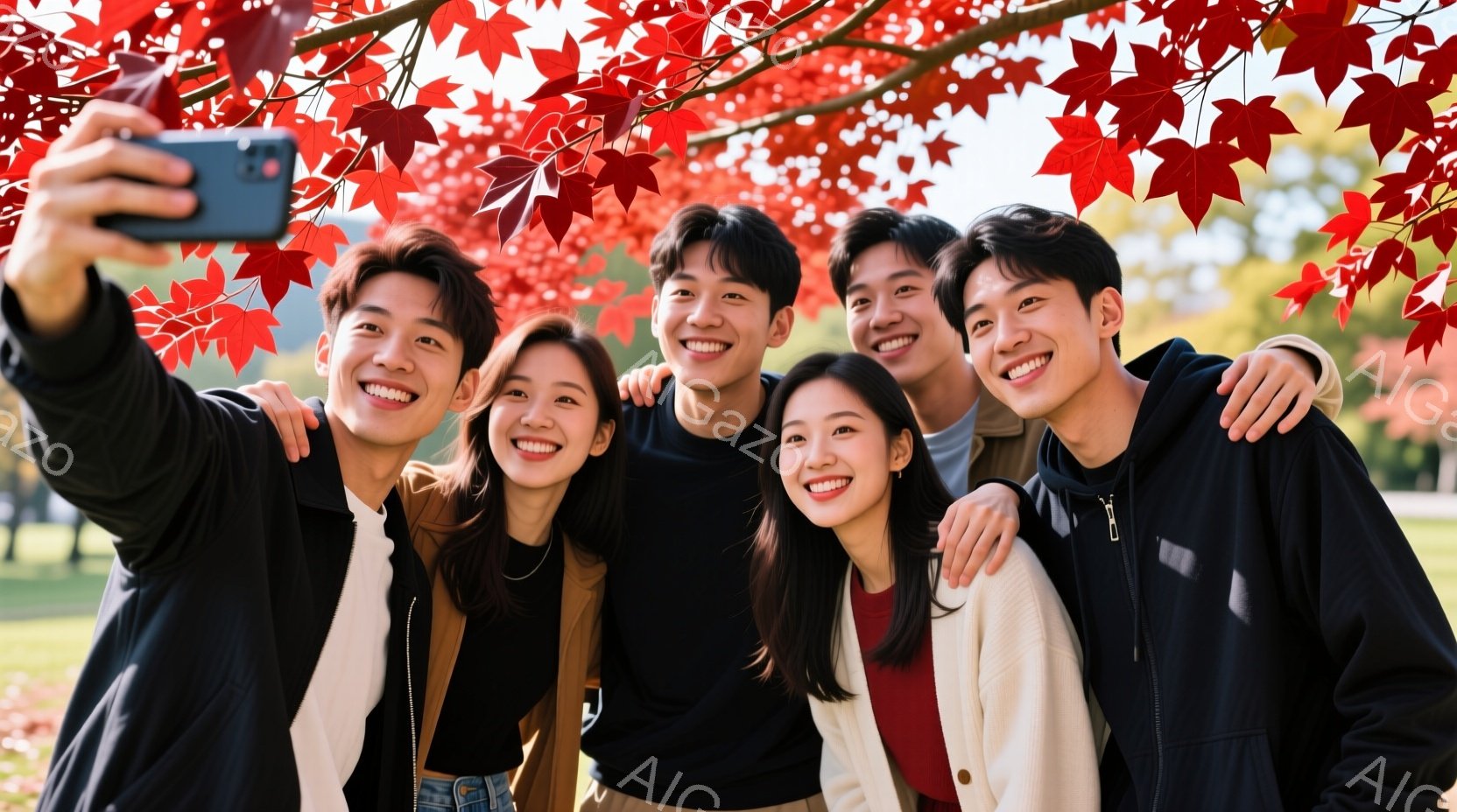6人の若者が、赤い紅葉の木の下でセルフィーを撮っています。彼らは皆カジュアルな服装で、笑顔で肩を組んだり、寄り添ったりしています。背景には緑の芝生と、ぼんやりと見える建物があり、秋の晴れた日の温かく、友好的な雰囲気が漂っています。