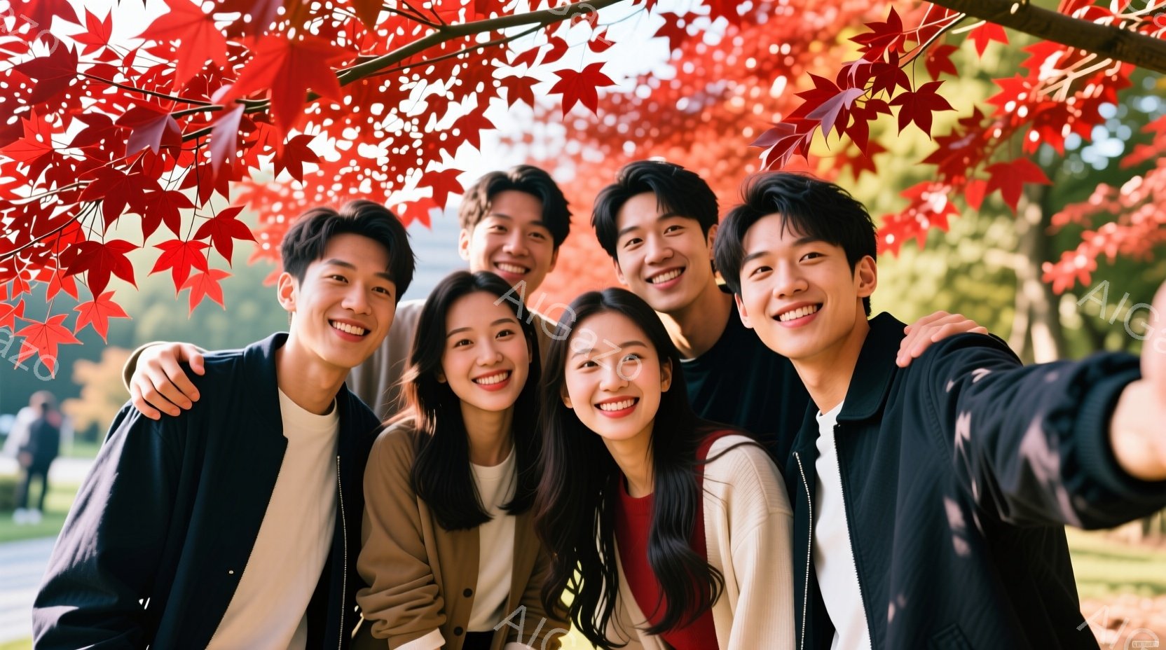 若い男女6人が、鮮やかな紅葉を背景に肩を組んで笑顔で自撮りしている様子が写っている。彼らはカジュアルな服装で、男性は黒やグレーのジャケット、女性はベージュや白のセーターなどを着ており、髪型もそれぞれ異なるが、全体的に明るく親しげな雰囲気である。背景には緑の芝生と木々が広がり、秋晴れの空の下、楽しそうな時間が流れているのが伝わる。