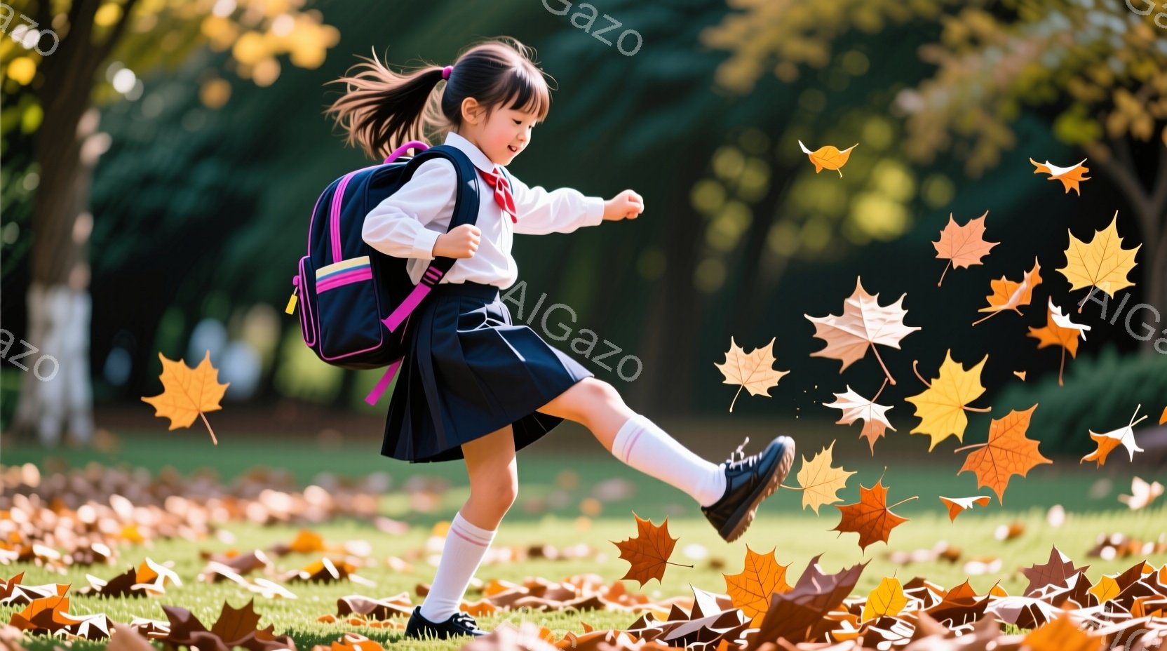 茶色の落ち葉が舞う緑の芝生の上で、紺色のスカートと白いシャツを着た少女が、片足を高く上げて活発に歩いている。黒髪をポニーテールにし、リュックサックを背負っている彼女は、楽しそうに秋の風景の中を駆け抜けているようだ。背景には木々が生い茂り、明るい日差しが差し込み、全体的に暖かく、陽気な雰囲気を醸し出している。