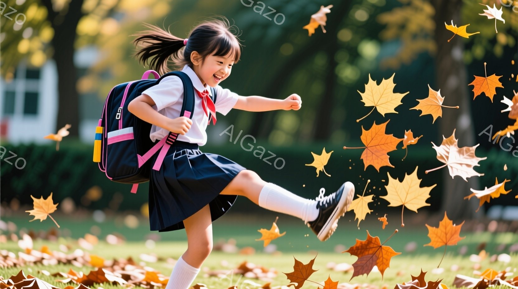 少女は紺色のスカートと白いブラウス、赤いリボンを着用し、学校から帰る途中のようです。彼女は空中で片足を上げ、まるで落ち葉と遊んでいるかのように、笑顔で活発に飛び跳ねています。背景には緑豊かな芝生と木々 - AI生成フリー素材