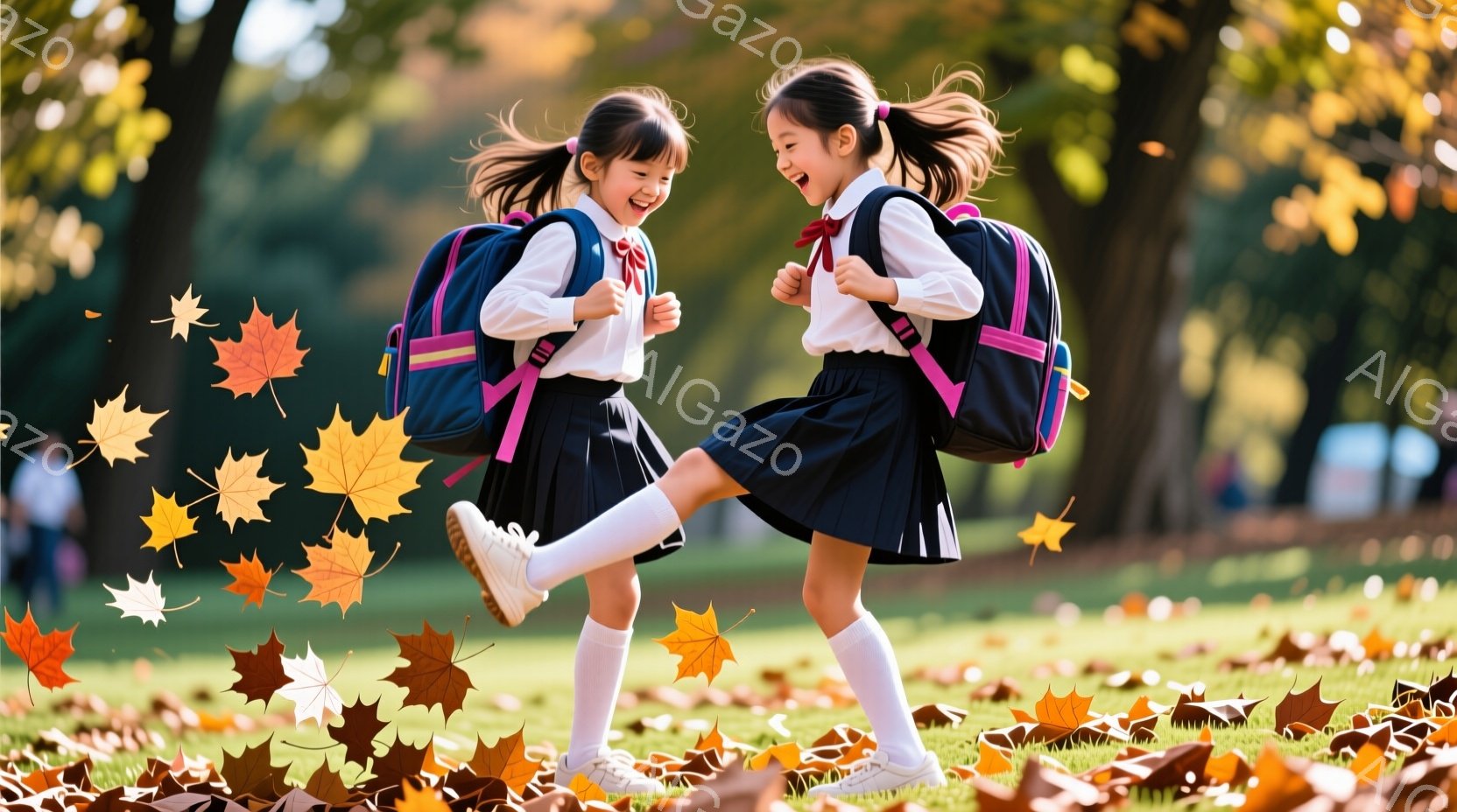 二人の少女が、落ち葉が舞う公園で楽しそうに跳びはねています。紺色のスカートと白いシャツ、そしてピンクと黒のリュックサックを背負い、白いソックスとスニーカーを履いています。背景には緑豊かな木々と穏やかな - AI生成フリー素材