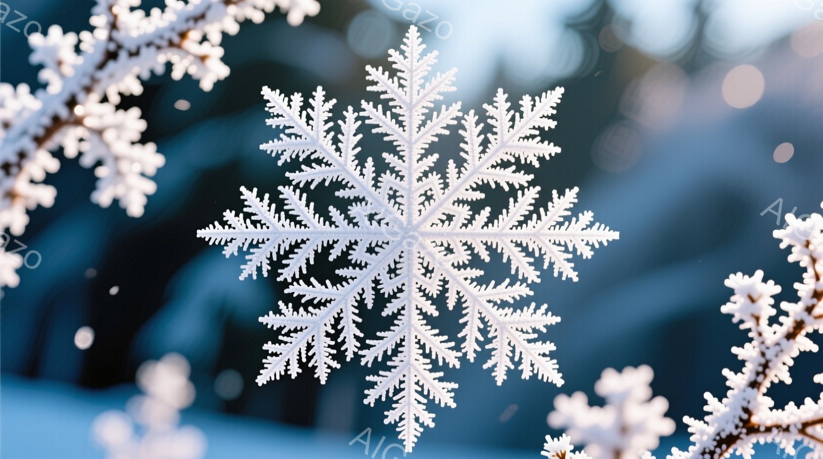 繊細な白い雪の結晶が、青みがかったぼやけた背景の中に際立って浮かび上がっています。周囲には、同様の雪の結晶で覆われた木の枝がわずかに見え、冬の静寂と美しさを際立たせています。全体的に、冷たくて穏やかな、幻想的な雰囲気を醸し出しています。