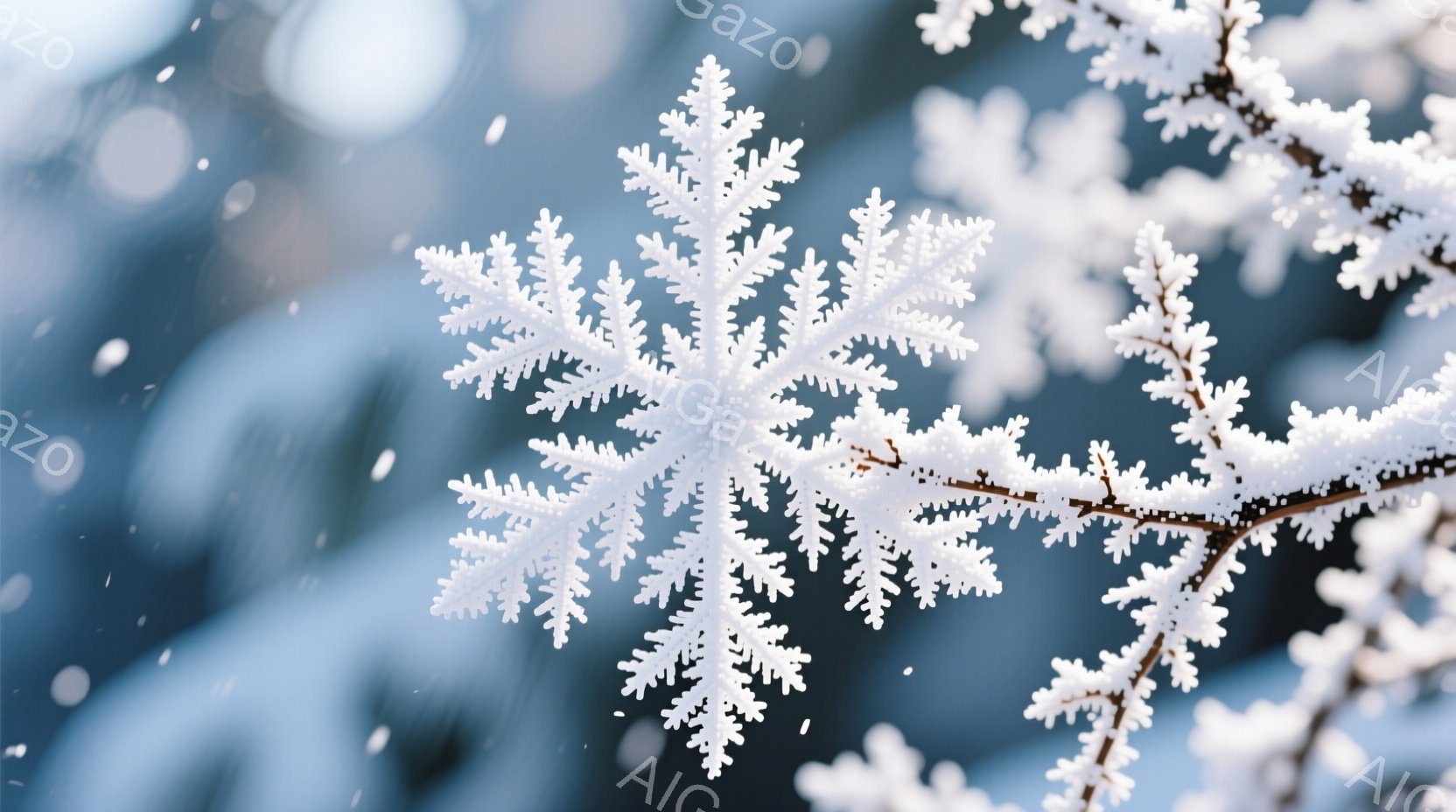 雪が舞う冬の風景で、木の枝に白い雪が積もっている様子が捉えられています。雪の結晶は繊細な模様を持ち、光を受けてキラキラと輝き、背景はぼやけた青色で、幻想的な雰囲気を醸し出しています。全体的に静かで、冷たい冬の空気を感じさせる穏やかな光景です。